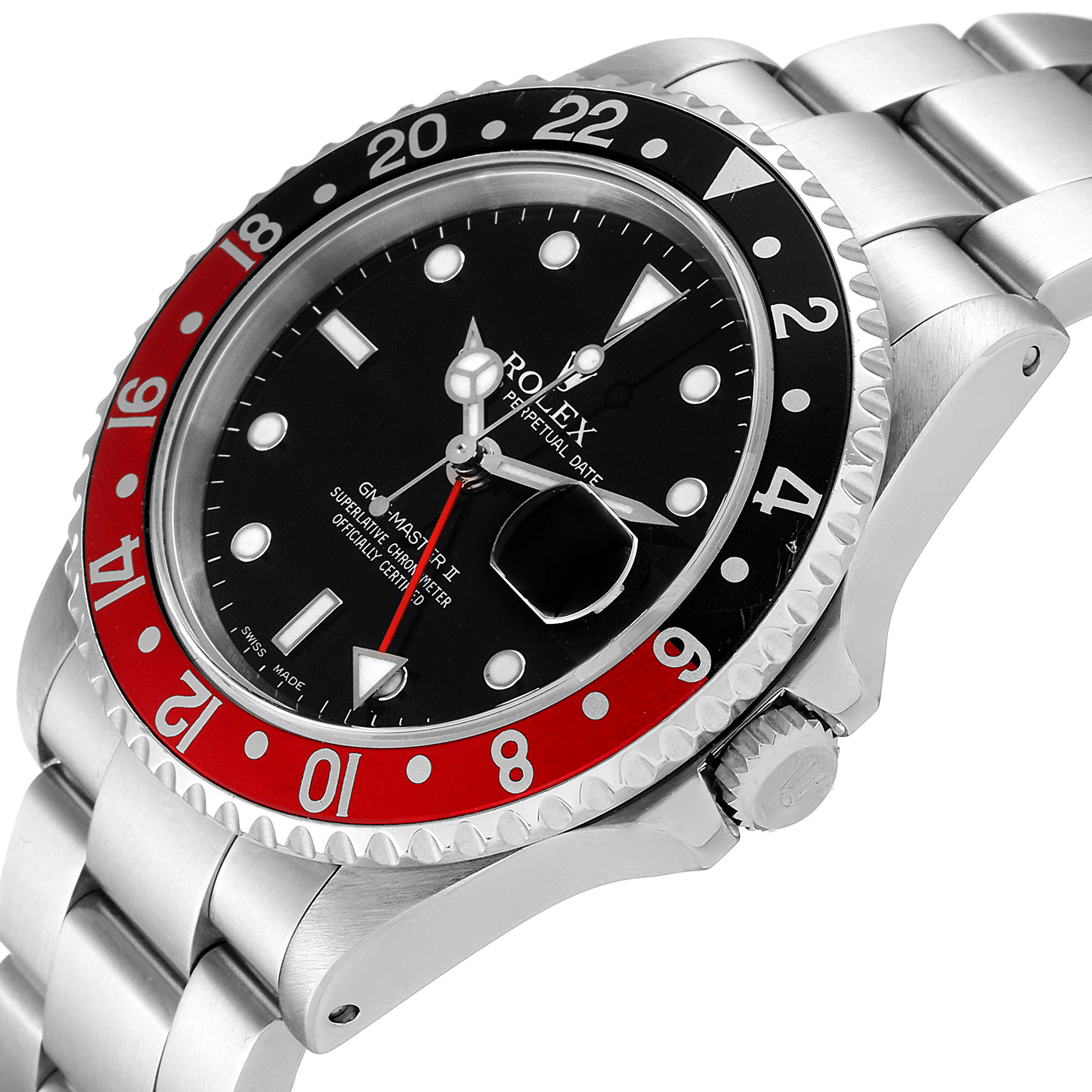 The Rolex GMT-Master 16710 Men
s Stainless Steel Black Dial 16710 Men
s Stainless Steel Black Dial watch is shown from an angled side view, displaying the bezel, crown, black dial, and bracelet.