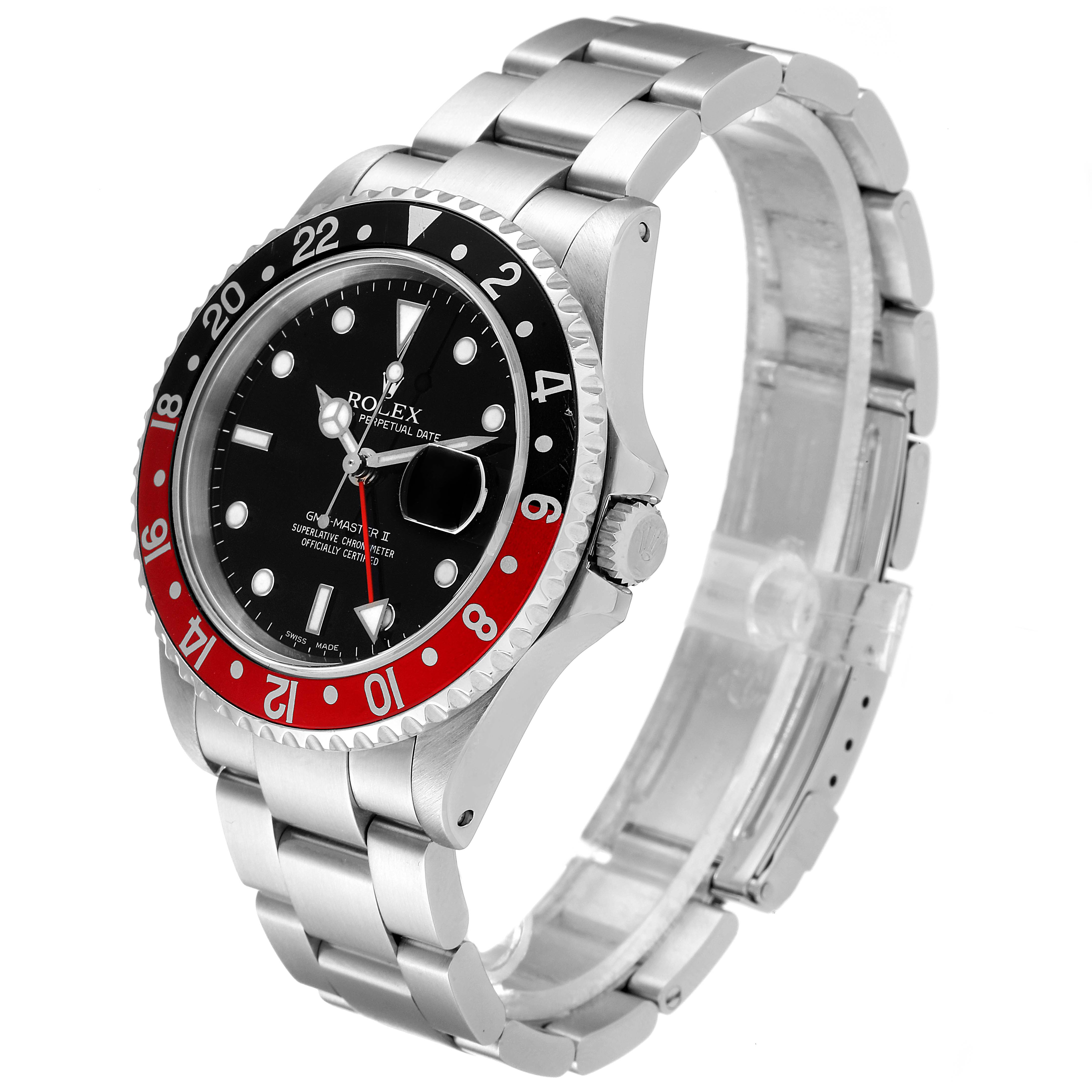 This image shows a Rolex GMT-Master 16710 Men
s Stainless Steel Black Dial 16710 Men
s Stainless Steel Black Dial II watch at a three-quarter angle, highlighting the bezel, dial, case, and bracelet.