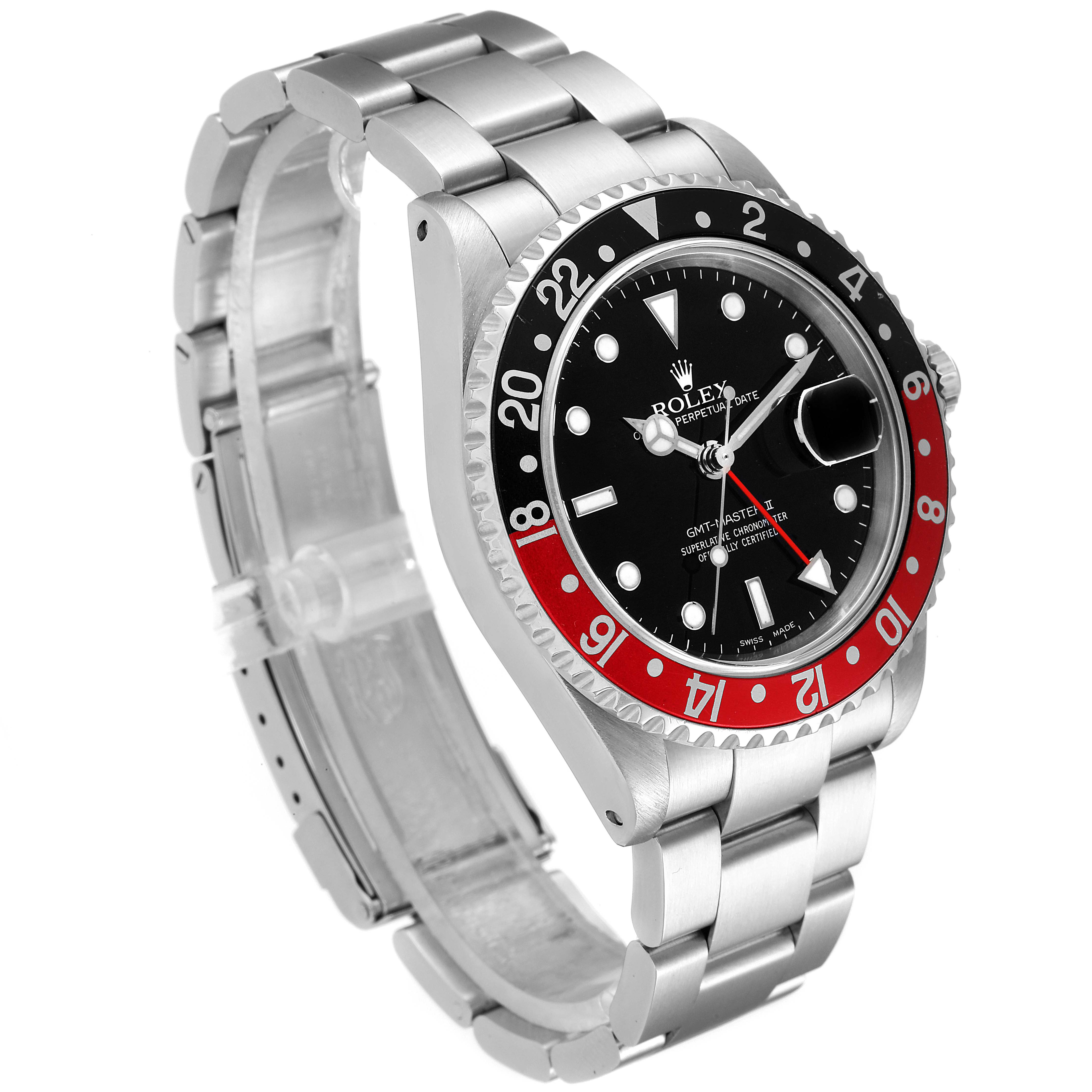 The Rolex GMT-Master 16710 Men
s Stainless Steel Black Dial 16710 Men
s Stainless Steel Black Dial watch is shown at an angle highlighting the dial, bezel, and bracelet.