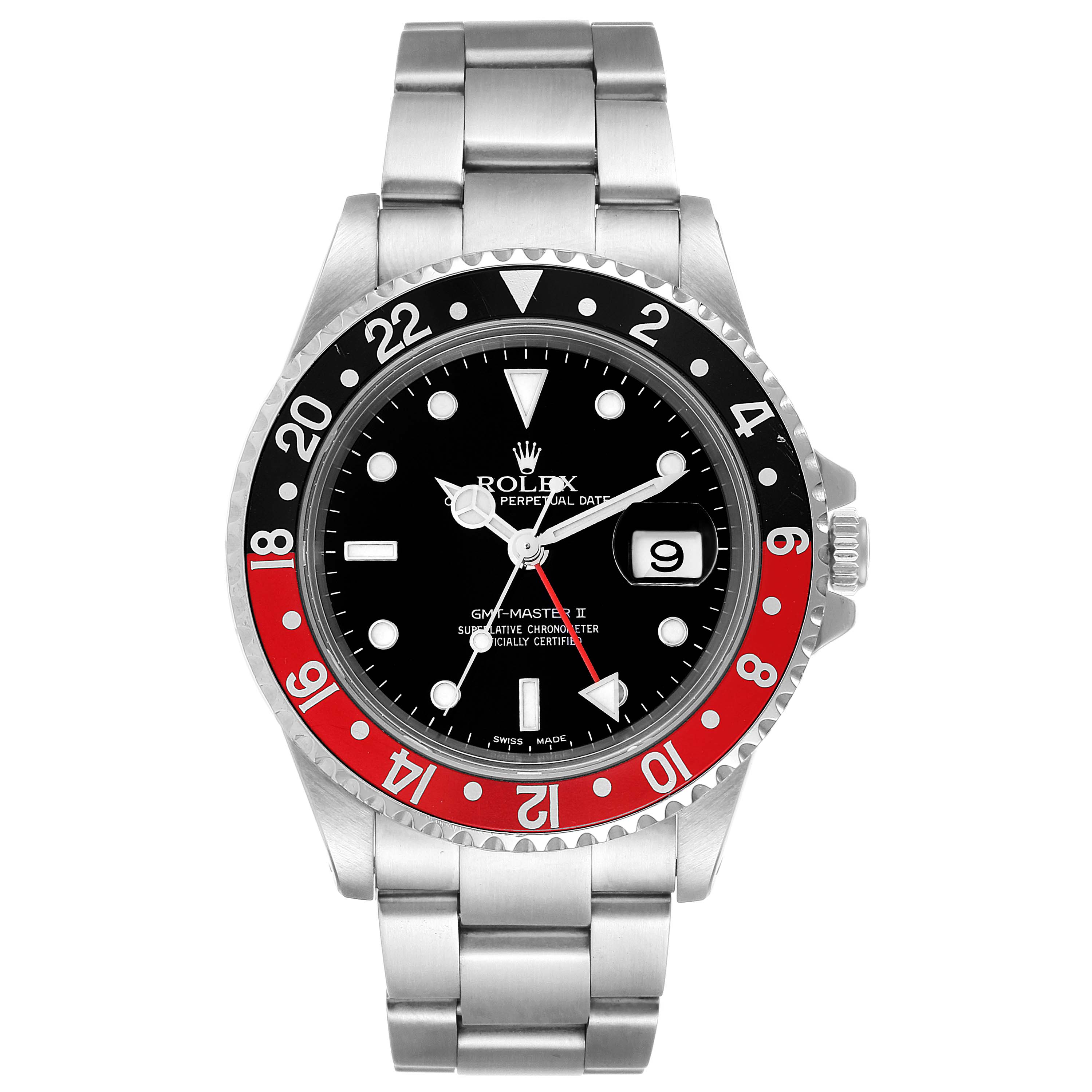 The image shows a front view of a Rolex GMT-Master 16710 Men
s Stainless Steel Black Dial 16710 Men
s Stainless Steel Black Dial II watch, highlighting the bezel, dial, bracelet, and crown.