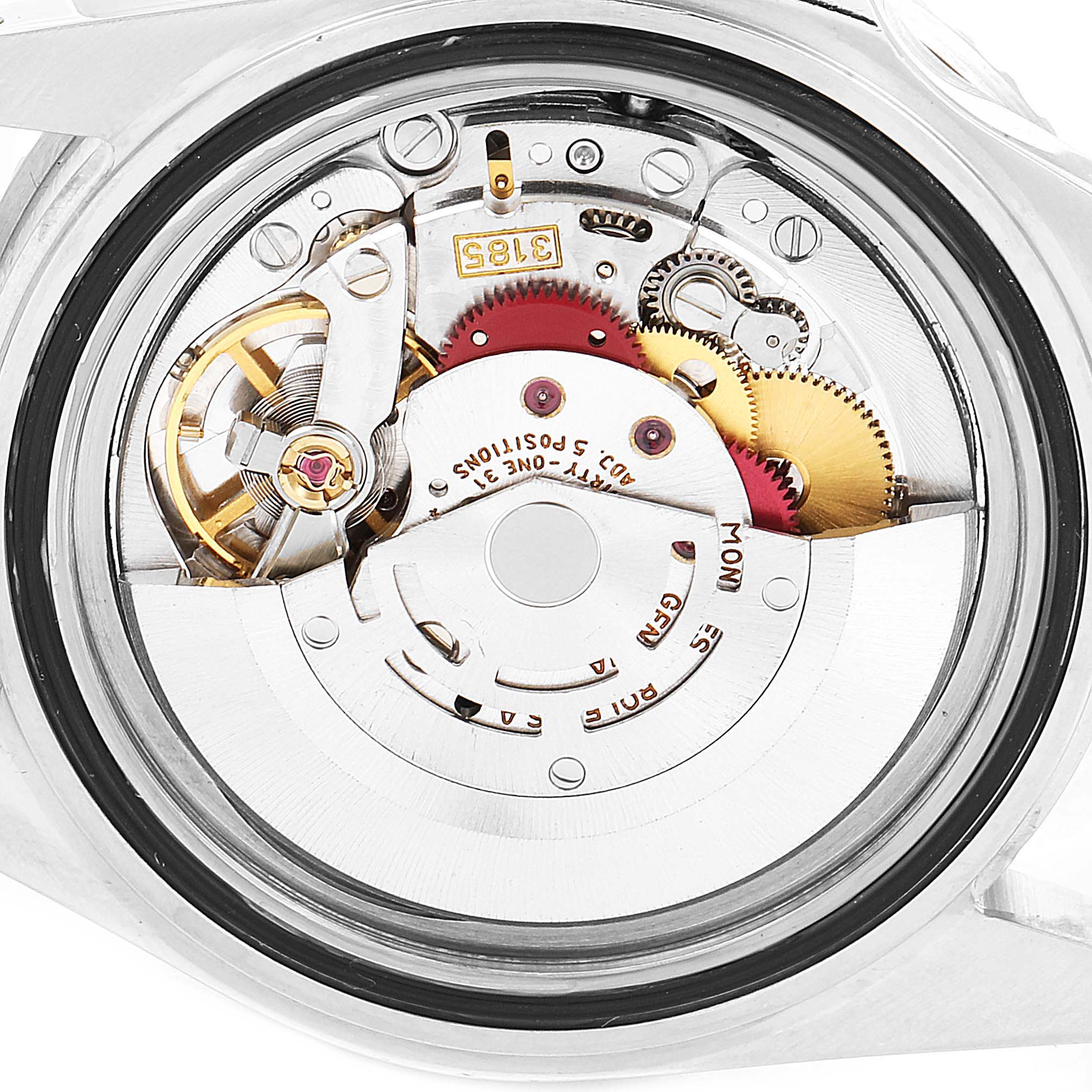 This image shows the internal mechanism and movement of a Rolex GMT-Master 16710 Men
s Stainless Steel Black Dial 16710 Men
s Stainless Steel Black Dial watch from the back.