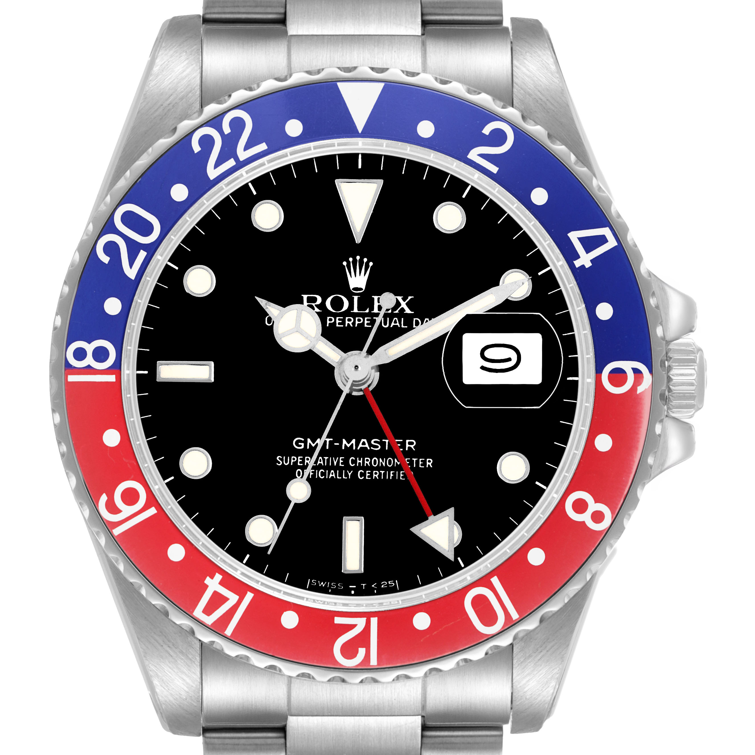 The Rolex GMT-Master 16750 Men's Stainless Steel Black Dial watch is shown from a front angle, highlighting the dial, bezel, and date window.