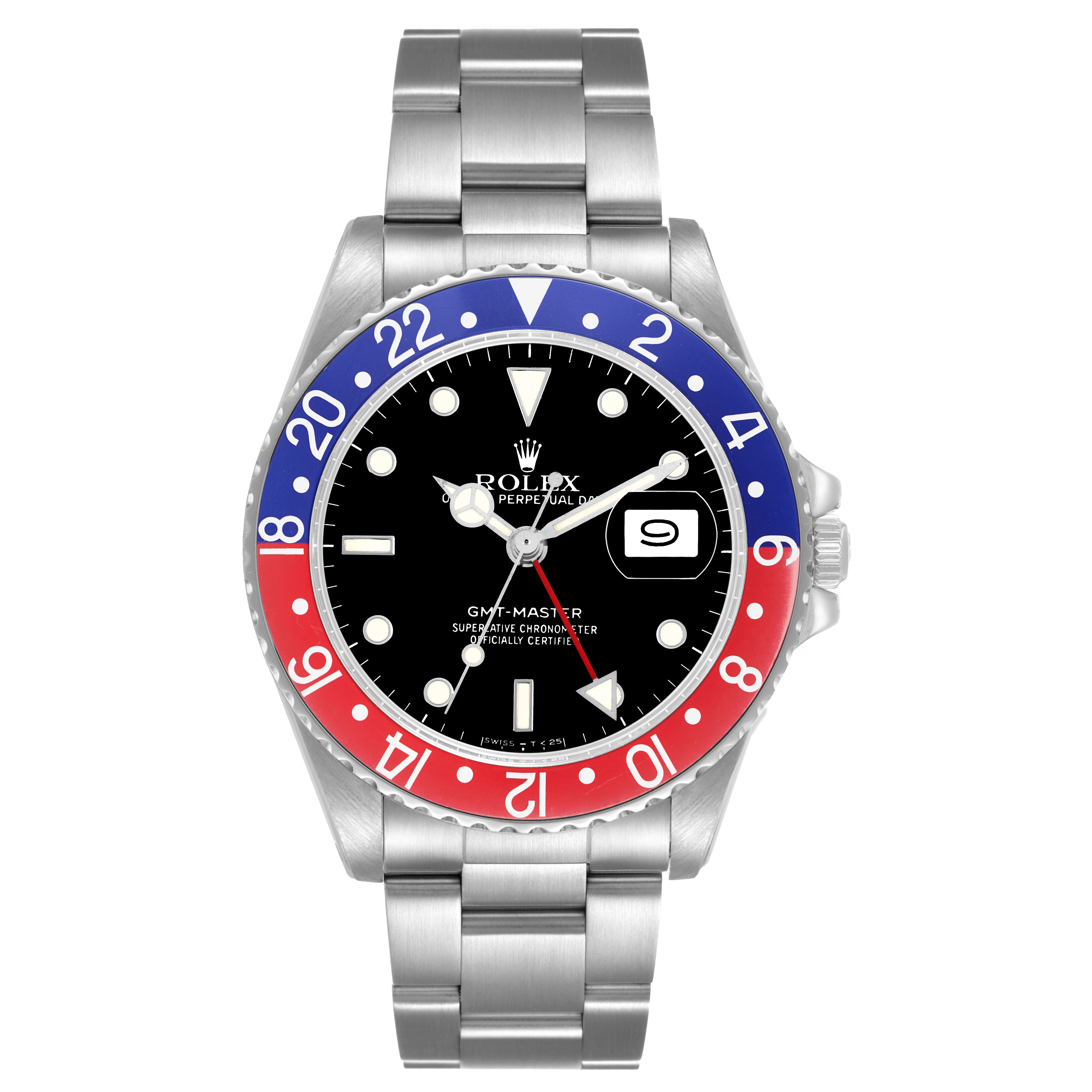The image shows a frontal view of the Rolex GMT-Master 16750 Men's Stainless Steel Black Dial watch, highlighting the bezel, dial, and bracelet.