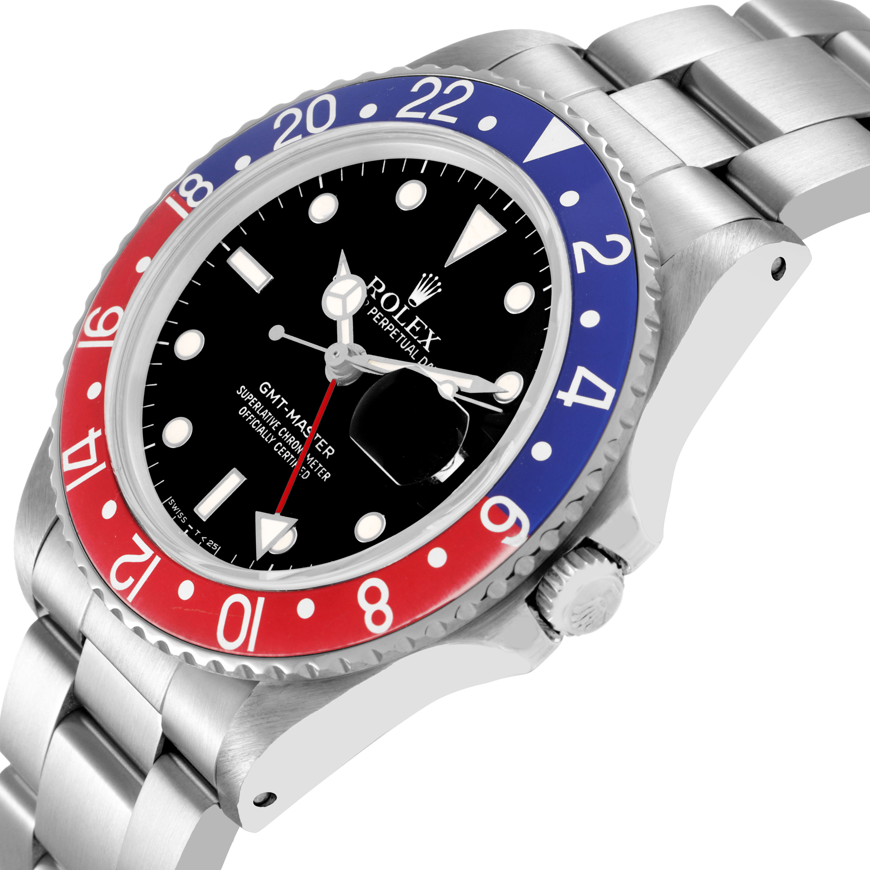 The image shows a Rolex GMT-Master 16750 Men's Stainless Steel Black Dial watch at an angled view, highlighting the bezel, face, and part of the bracelet.