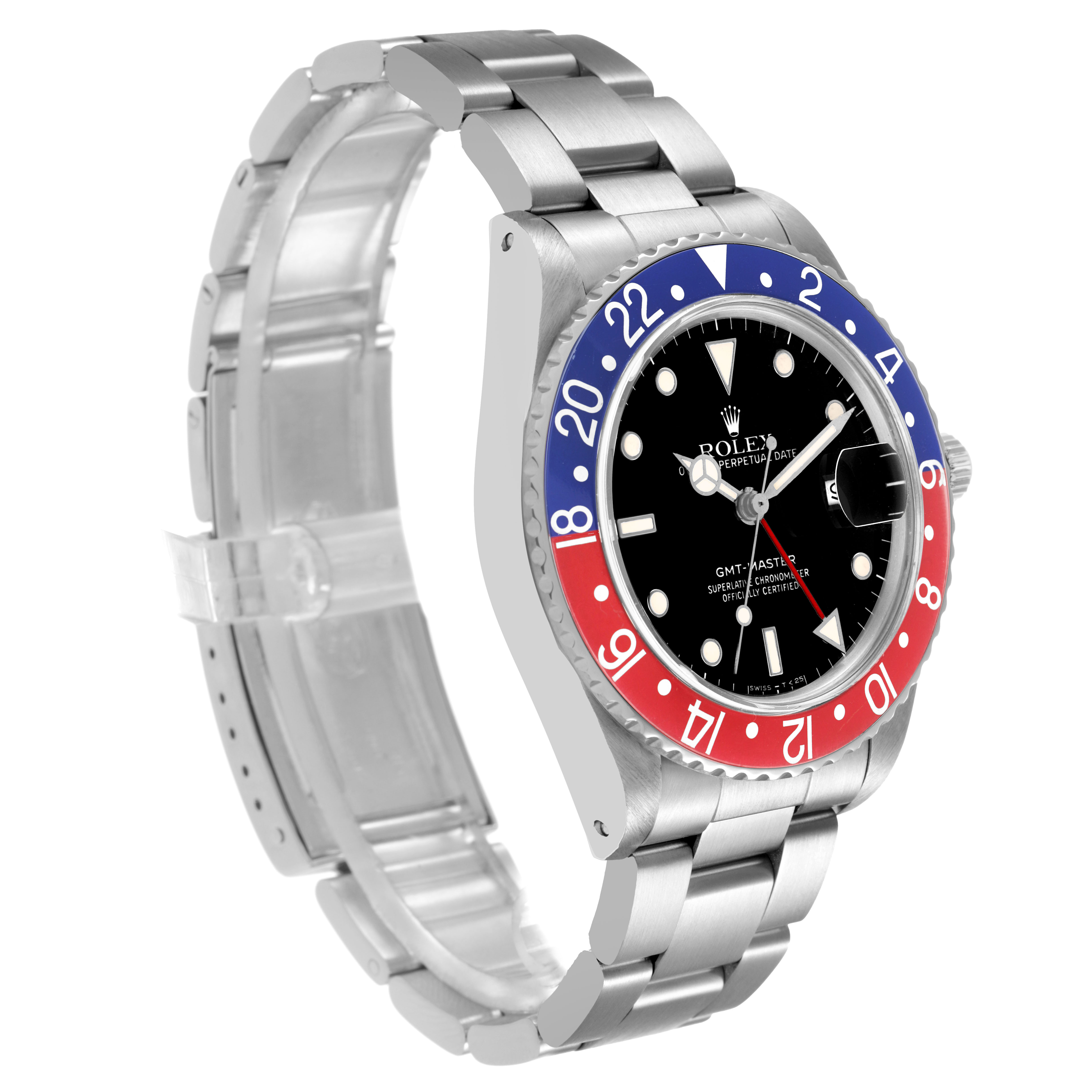 The Rolex GMT-Master 16750 Men's Stainless Steel Black Dial watch is shown at a slight angle, displaying its two-tone bezel, black dial, and stainless steel bracelet.