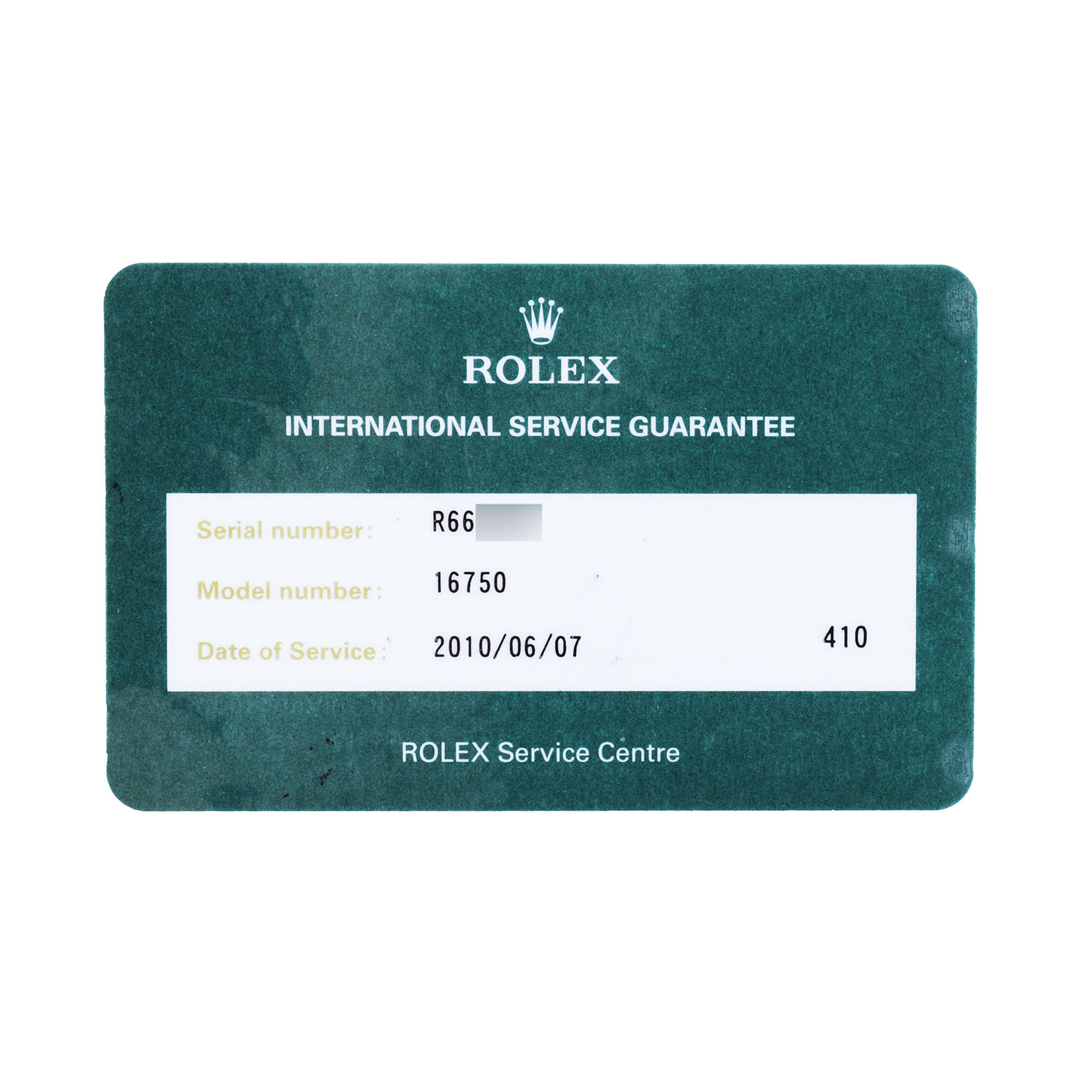 The image shows a Rolex Service Guarantee card for a GMT-Master model 16750.