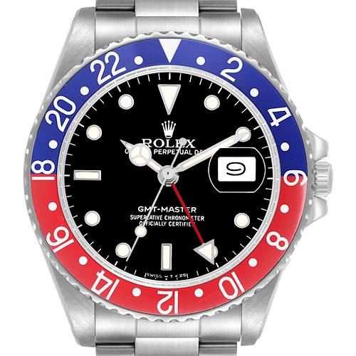 The Rolex GMT-Master 16750 Men's Stainless Steel Black Dial watch is shown from the front, highlighting its bezel, dial, hands, and date window.