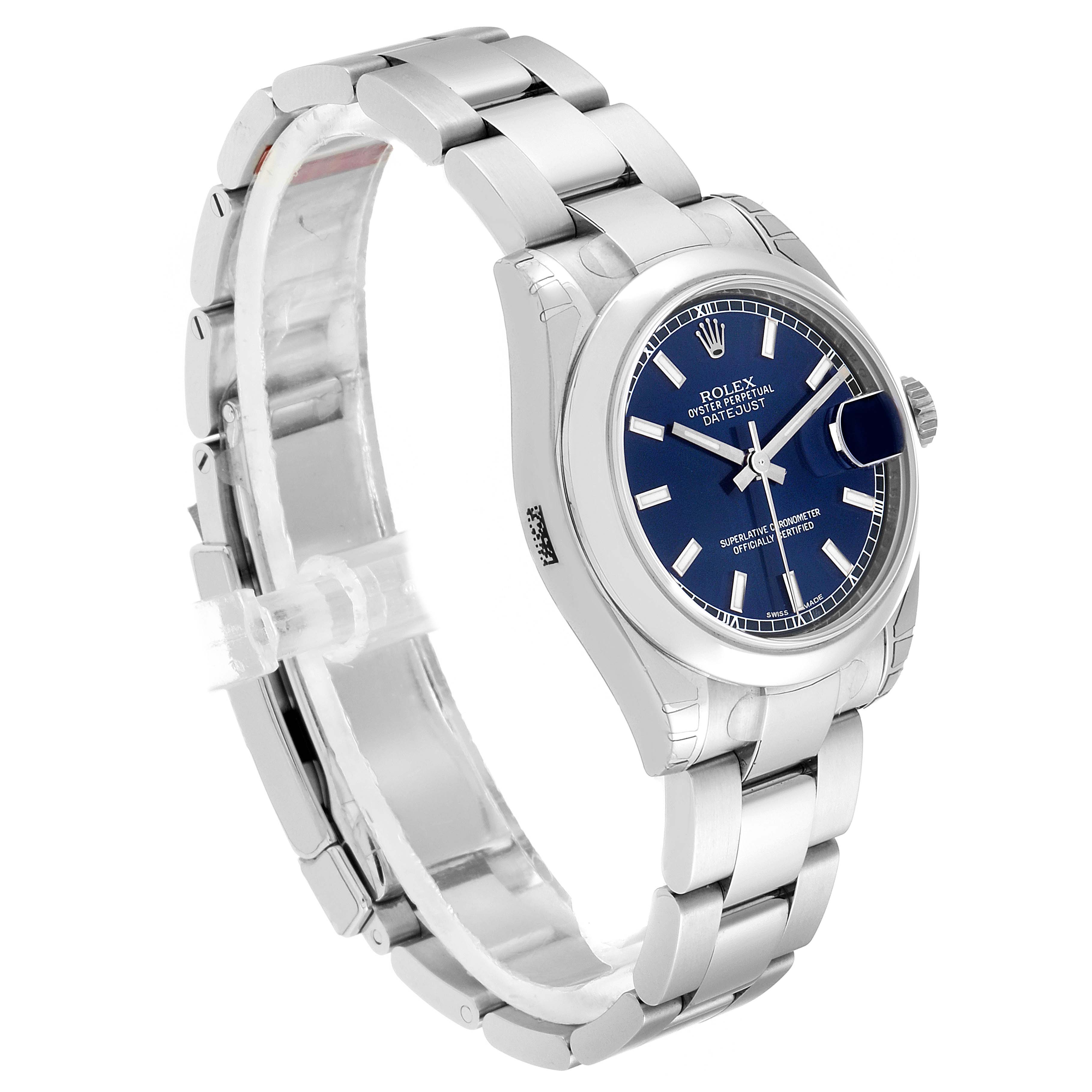 The Rolex Mid-Size 178240 Women's Stainless Steel Blue Dial 178240 Women's Stainless Steel Blue Dial Datejust watch is shown from a side angle, displaying its blue dial, silver hour markers, and metal bracelet.