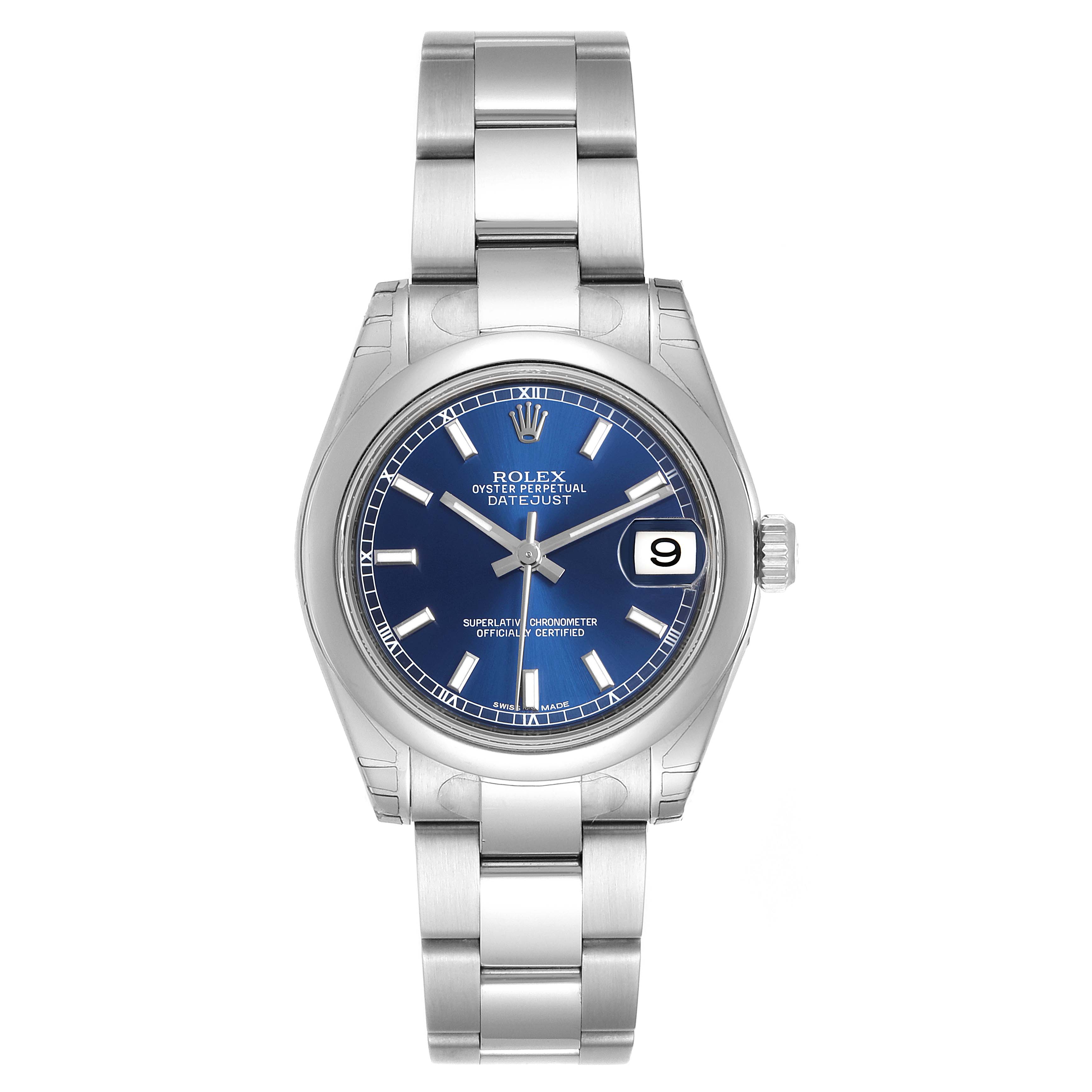 This image shows a front view of a Rolex Oyster Perpetual Datejust Mid-Size watch, highlighting its blue dial and stainless steel bracelet.