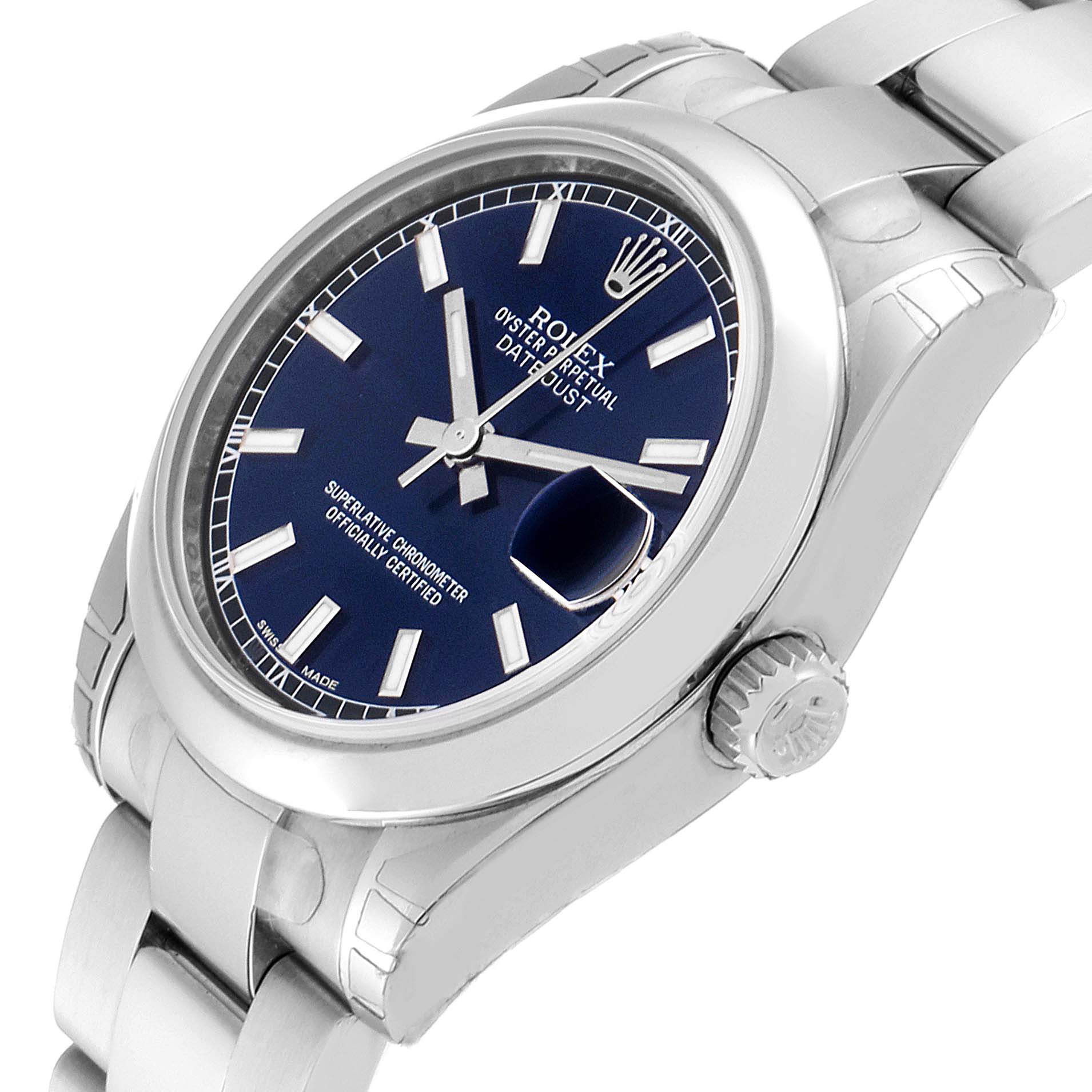 This image shows a Mid-Size Rolex Datejust watch from a three-quarter angle, displaying its blue dial, bezel, crown, and part of its bracelet.