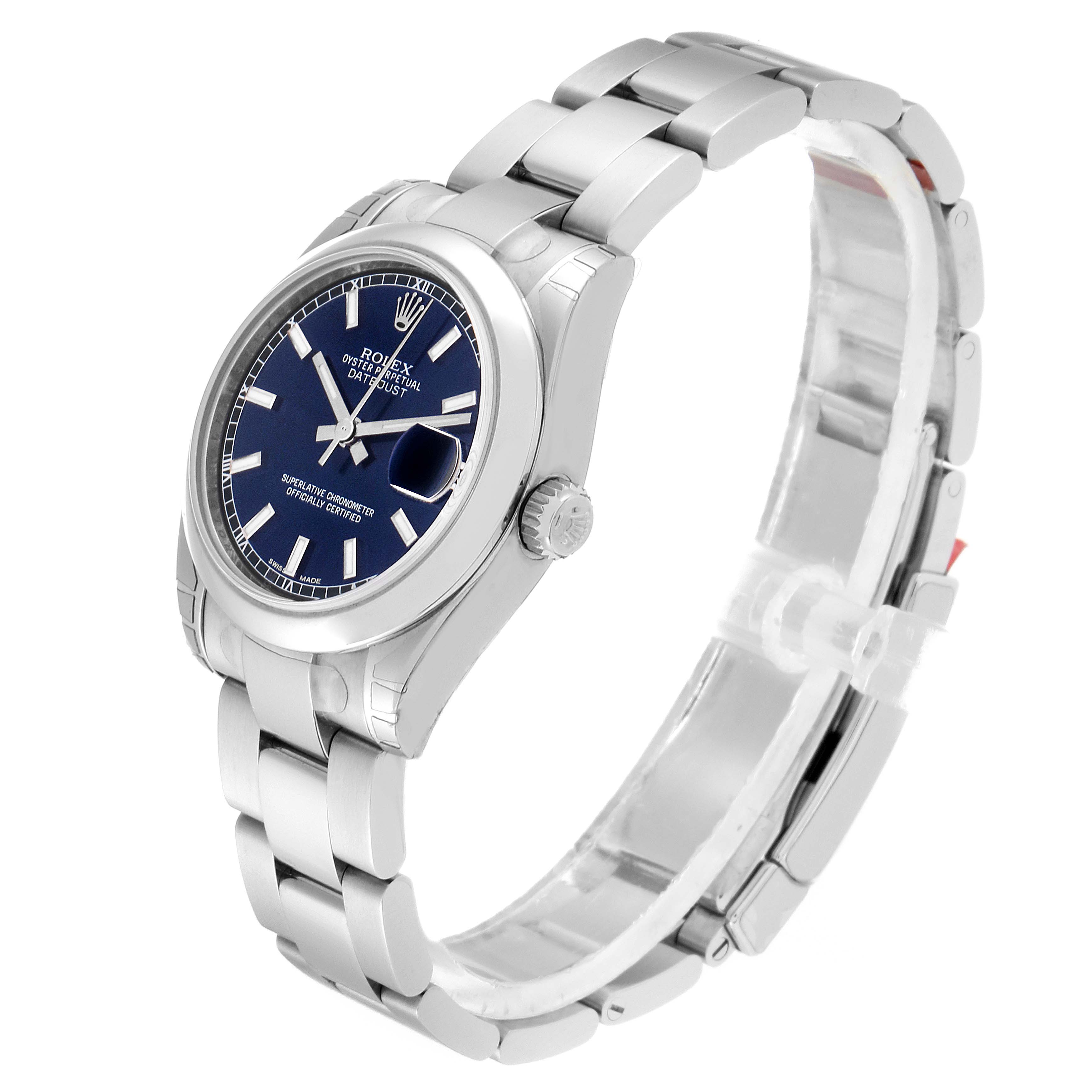 The image shows a side angle of the Mid-Size Rolex watch focusing on its face, bezel, crown, and part of the bracelet.