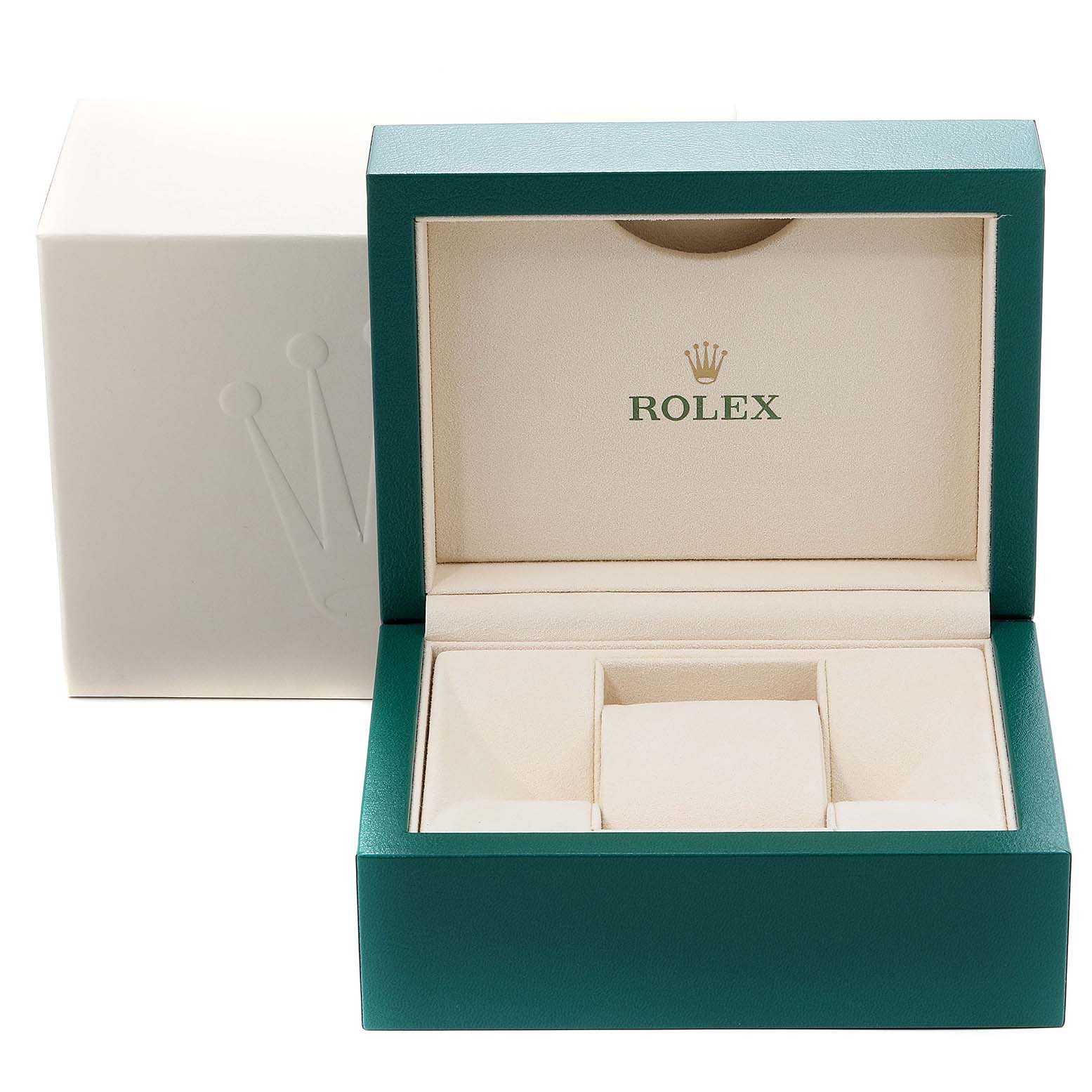 This image shows an open Rolex watch box for a Mid-Size model, displaying its inner compartments.