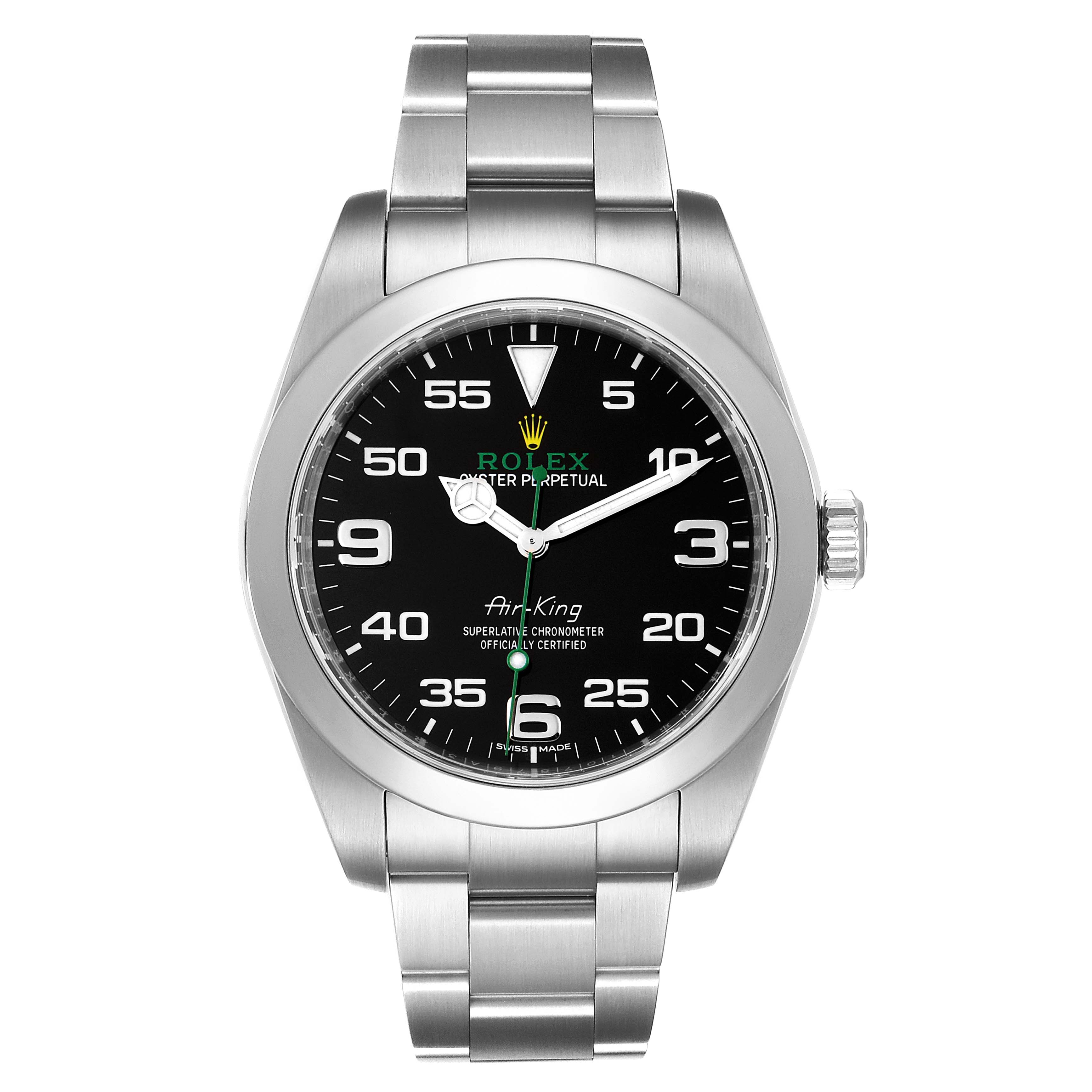 The image shows a front view of the Rolex Air-King 116900 Men's Stainless Steel Black Dial 116900 Men's Stainless Steel Black Dial watch, highlighting its dial, bracelet, and crown.