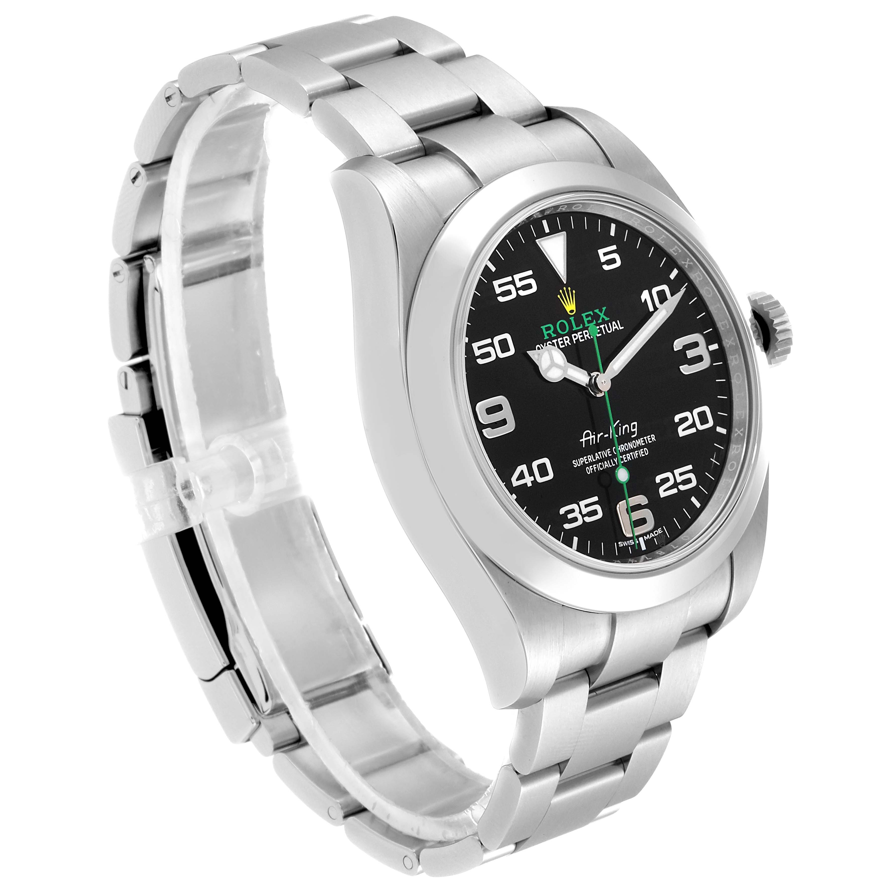 This image shows a side angle of the Rolex Air-King 116900 Men's Stainless Steel Black Dial 116900 Men's Stainless Steel Black Dial watch, highlighting the bezel, dial, and stainless steel bracelet.