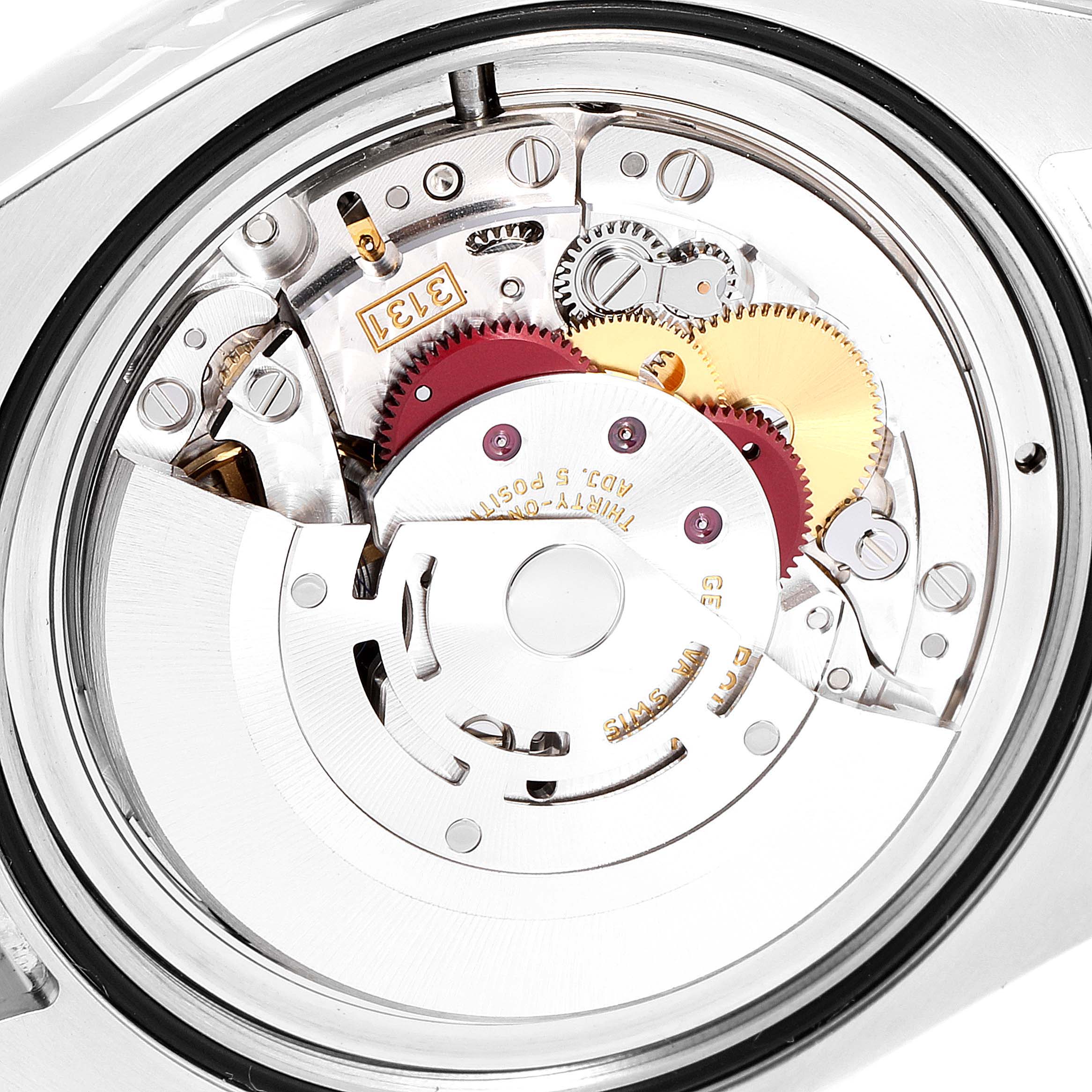 This image shows the internal mechanical movement of a Rolex Air-King 116900 Men's Stainless Steel Black Dial 116900 Men's Stainless Steel Black Dial watch from a top-down angle.