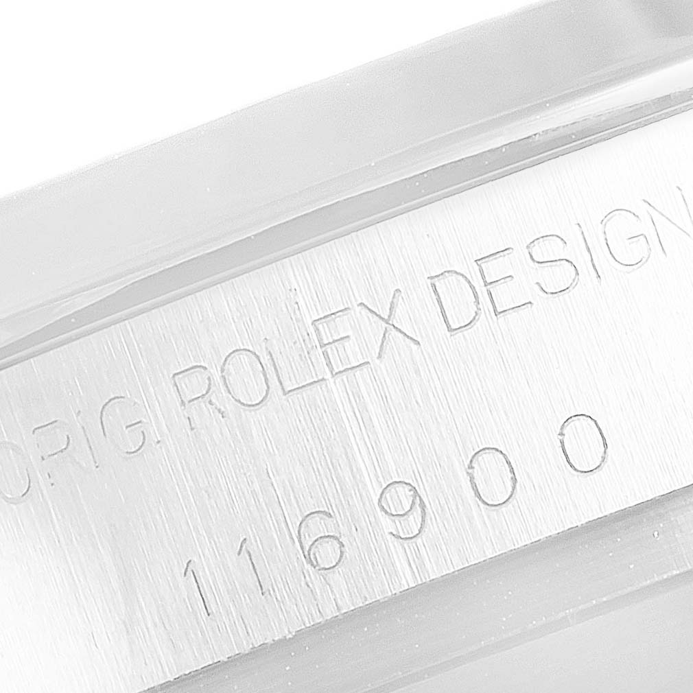 This is a close-up shot of the side engraving on a Rolex Air-King 116900 Men's Stainless Steel Black Dial 116900 Men's Stainless Steel Black Dial watch, showing the model number 116900.