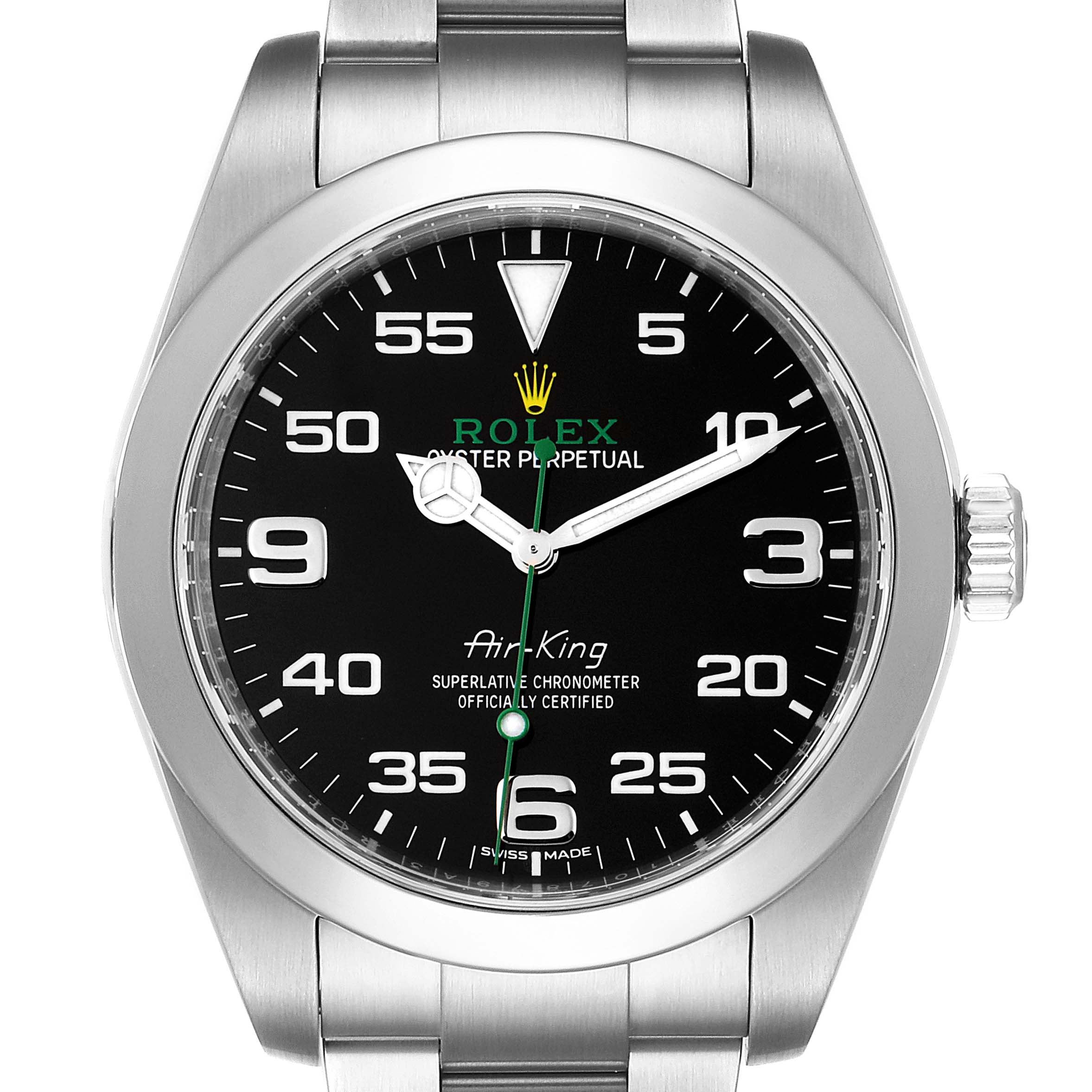 This image shows a front view of the Rolex Air-King 116900 Men's Stainless Steel Black Dial 116900 Men's Stainless Steel Black Dial watch displaying the dial, bezel, and part of the bracelet and crown.