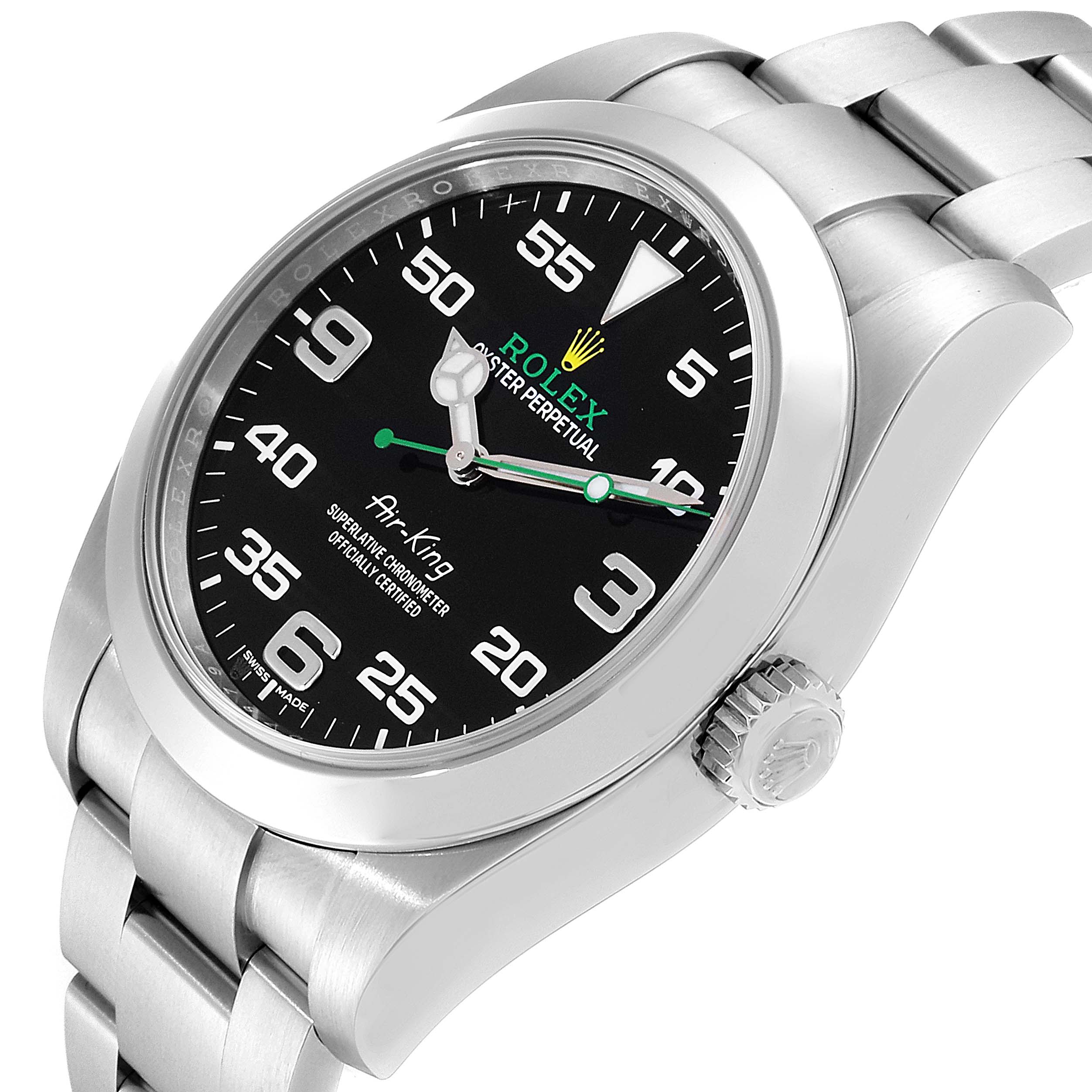The image shows a close-up angle of the Rolex Air-King 116900 Men's Stainless Steel Black Dial 116900 Men's Stainless Steel Black Dial watch, displaying the dial, case, crown, and part of the bracelet.