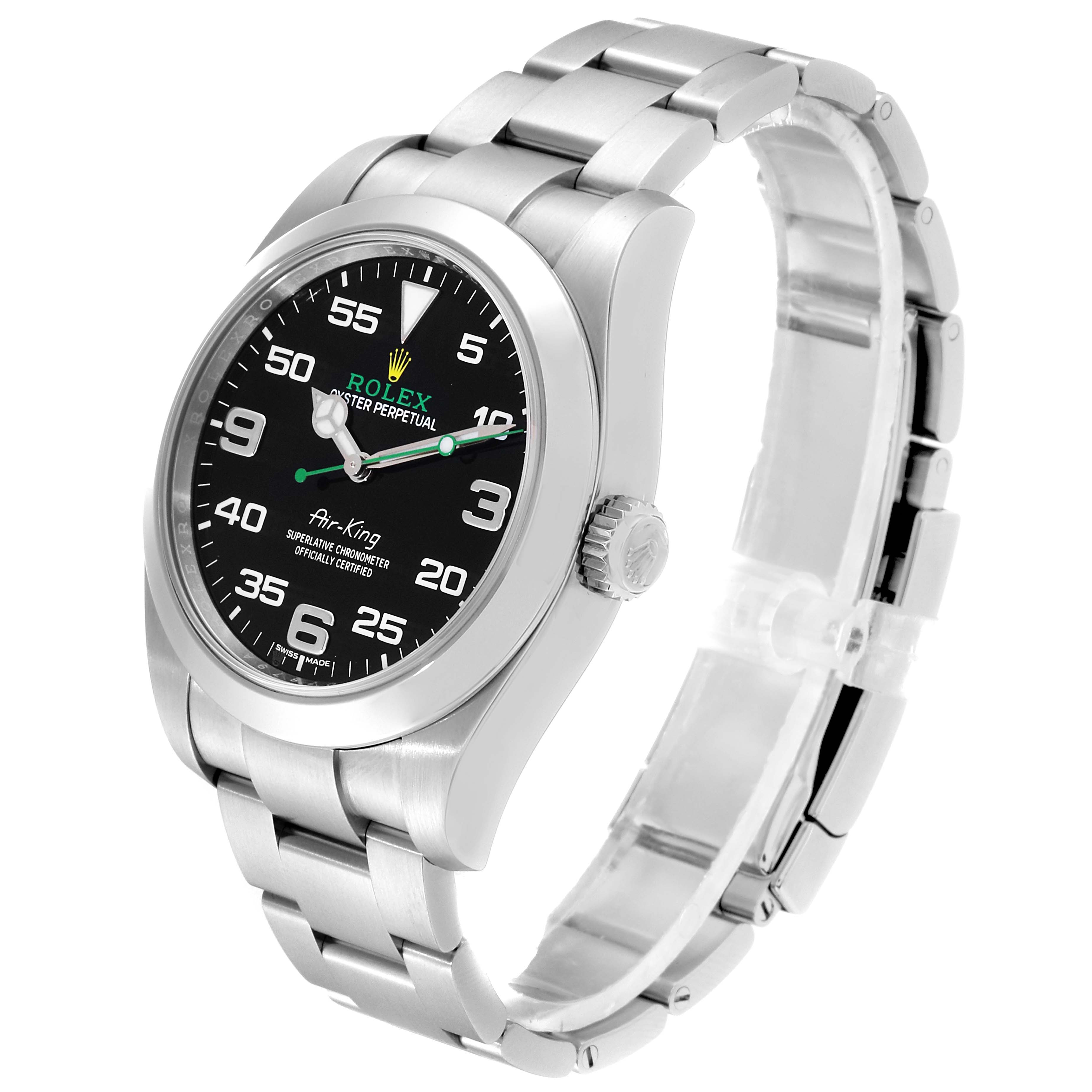 The image displays a side profile and partial top view of a Rolex Air-King 116900 Men's Stainless Steel Black Dial 116900 Men's Stainless Steel Black Dial watch, highlighting its face, crown, and bracelet.