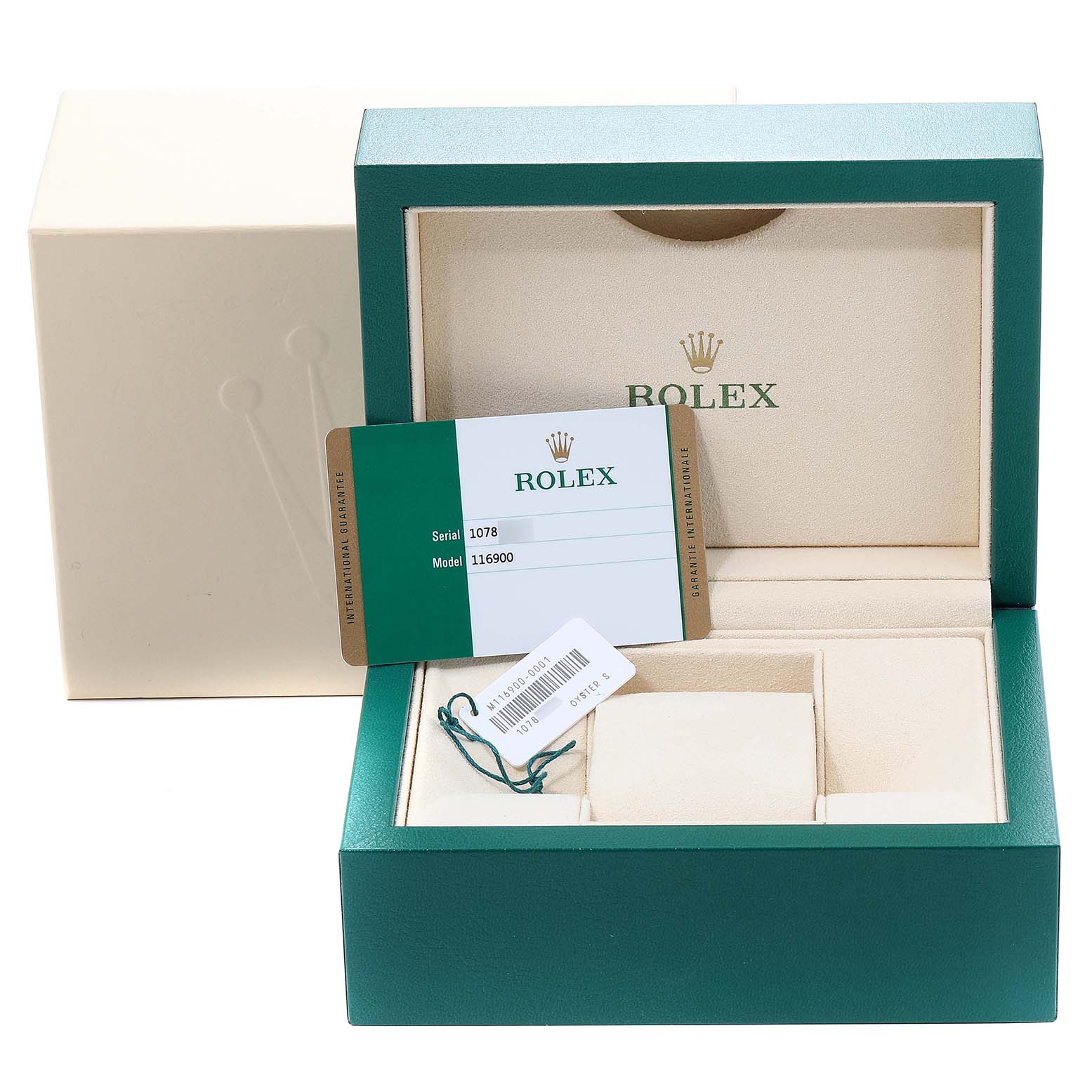 The image shows a Rolex Air-King 116900 Men's Stainless Steel Black Dial 116900 Men's Stainless Steel Black Dial model watch box opened, revealing the inner packaging, authenticity card, and tags.