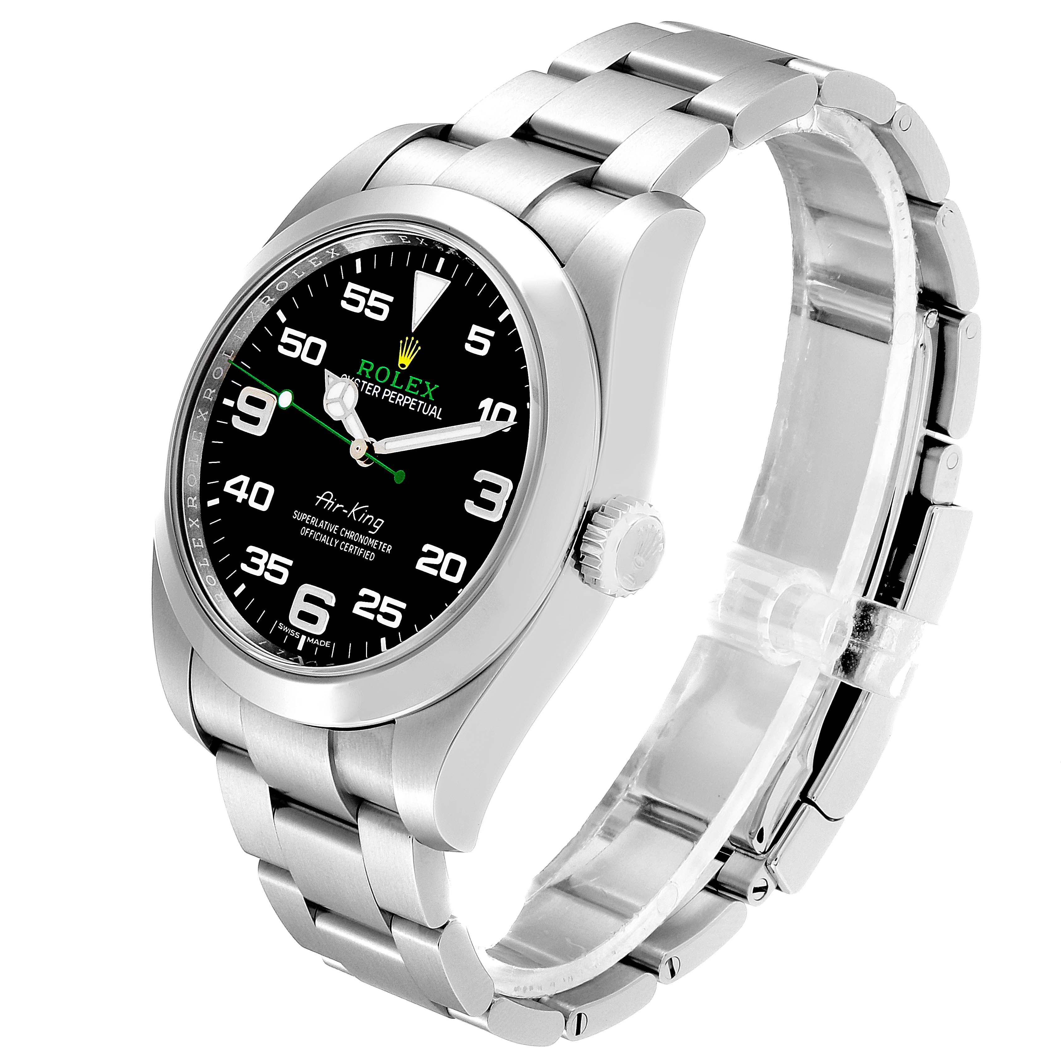 This Rolex Air-King 116900 Men's Stainless Steel Black Dial 116900 Men's Stainless Steel Black Dial watch is shown at a 3/4 angle, displaying the face, crown, and bracelet.