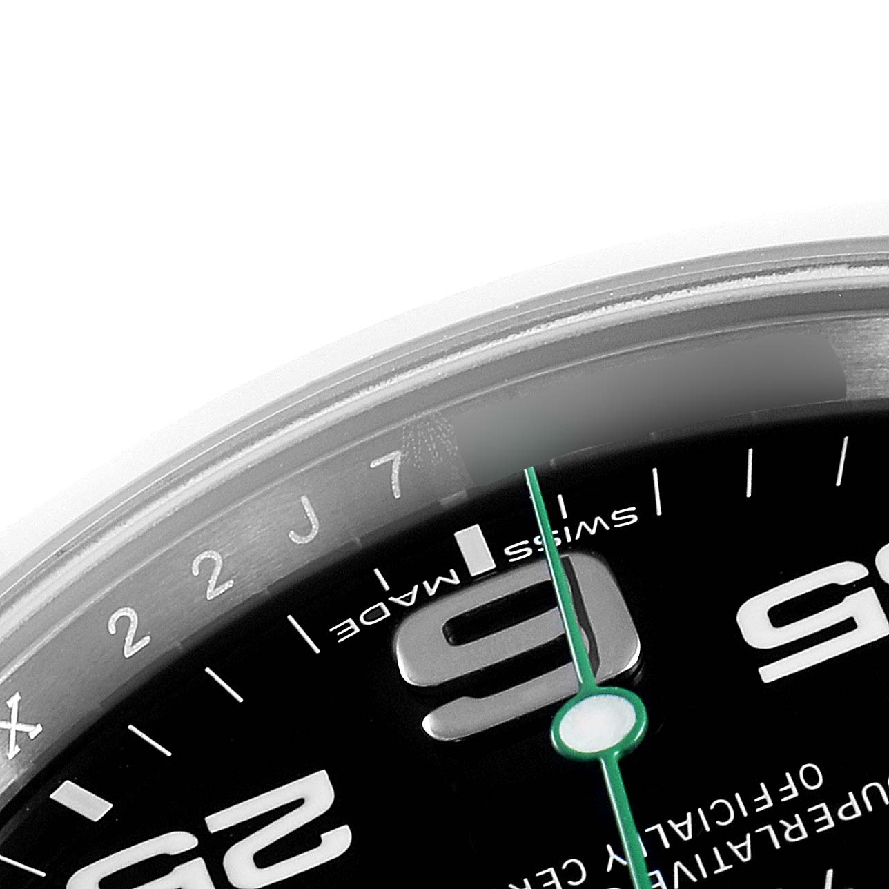 The image shows a close-up of the top-right section of the Rolex Air-King 116900 Men's Stainless Steel Black Dial 116900 Men's Stainless Steel Black Dial watch face, highlighting the bezel, numerals, and minute markers.