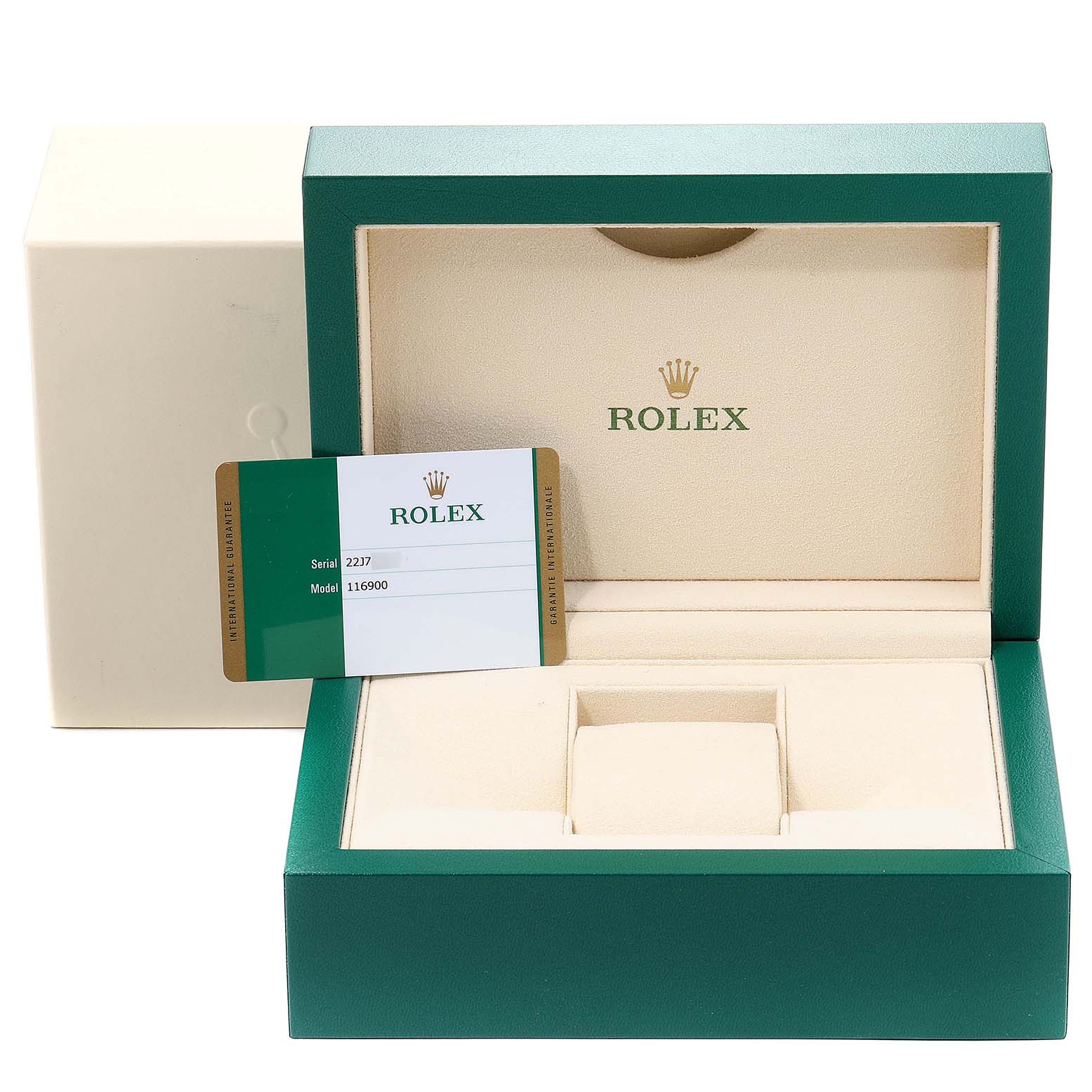 The image shows an open Rolex Air-King 116900 Men's Stainless Steel Black Dial 116900 Men's Stainless Steel Black Dial model watch box with a warranty card displayed inside.
