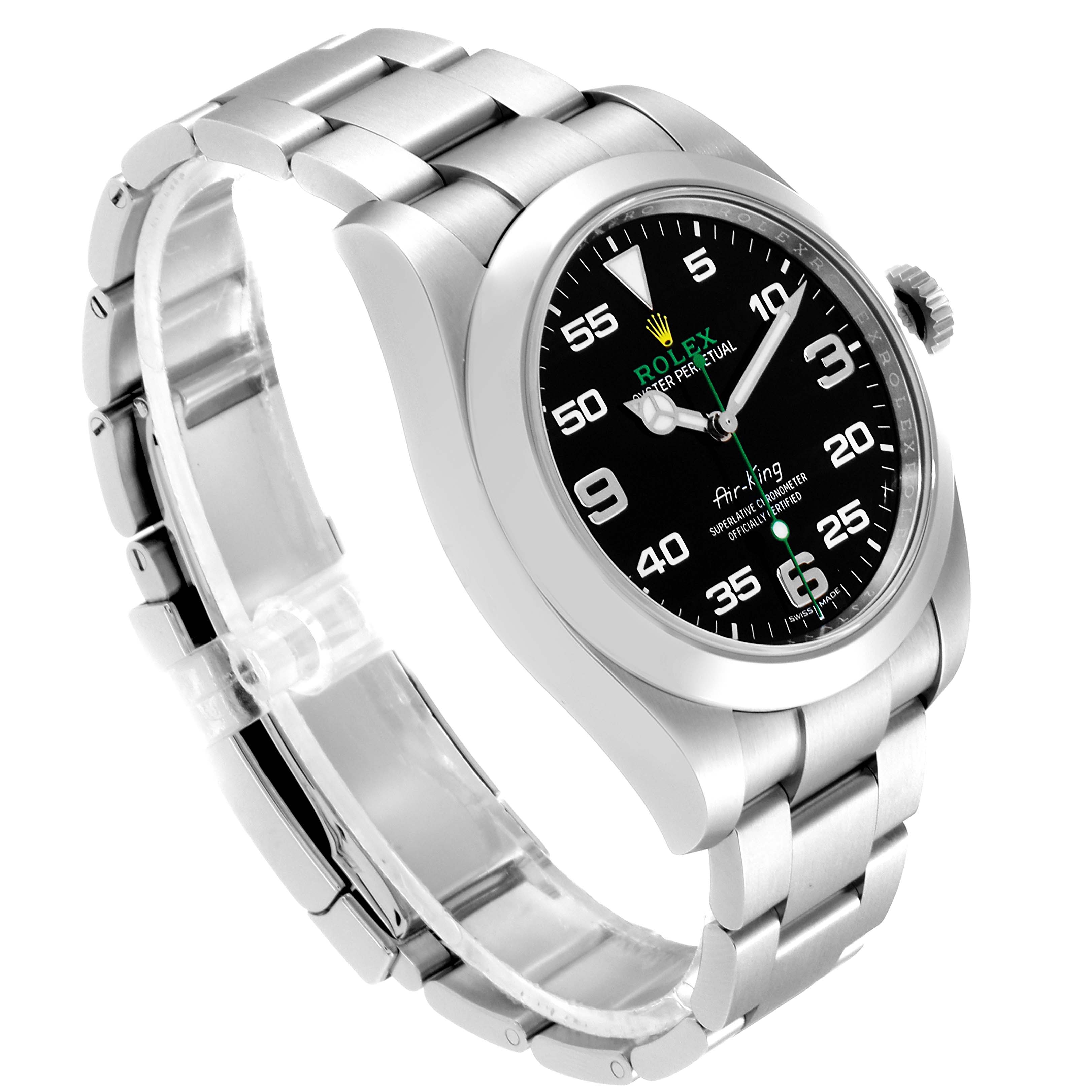 The image shows a side angle of the Rolex Air-King 116900 Men's Stainless Steel Black Dial 116900 Men's Stainless Steel Black Dial watch, highlighting the stainless steel bracelet, crown, and black dial.