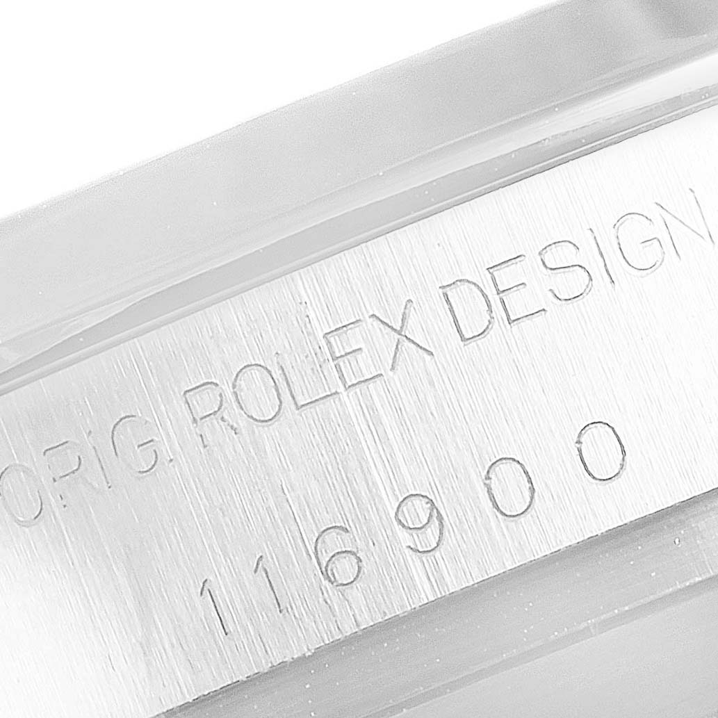 The image shows a close-up of the engravings on the case side of the Rolex Air-King 116900 Men's Stainless Steel Black Dial 116900 Men's Stainless Steel Black Dial watch, highlighting its model number.