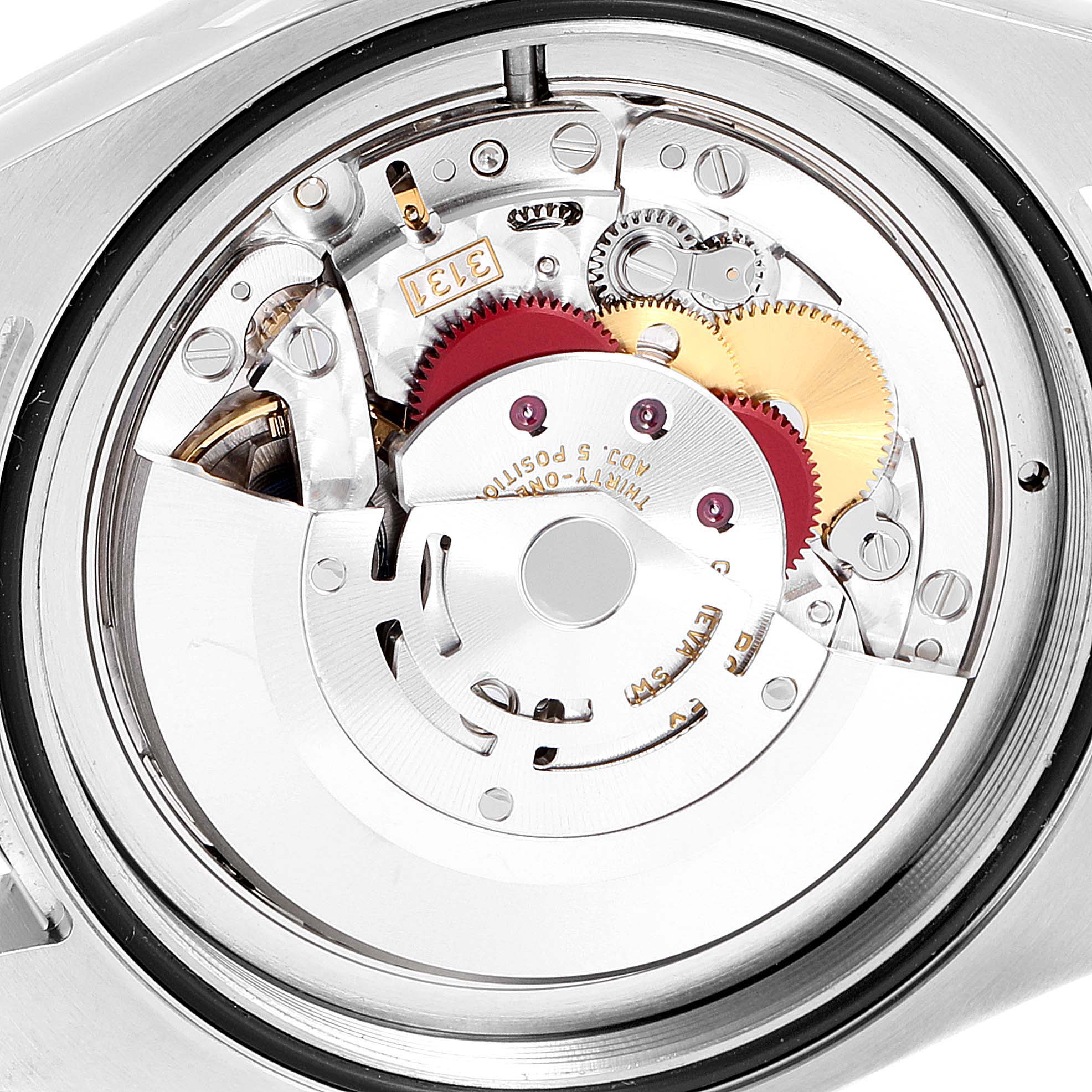This image shows the internal components and movement mechanism of a Rolex Air-King 116900 Men's Stainless Steel Black Dial 116900 Men's Stainless Steel Black Dial watch from a rear angle.