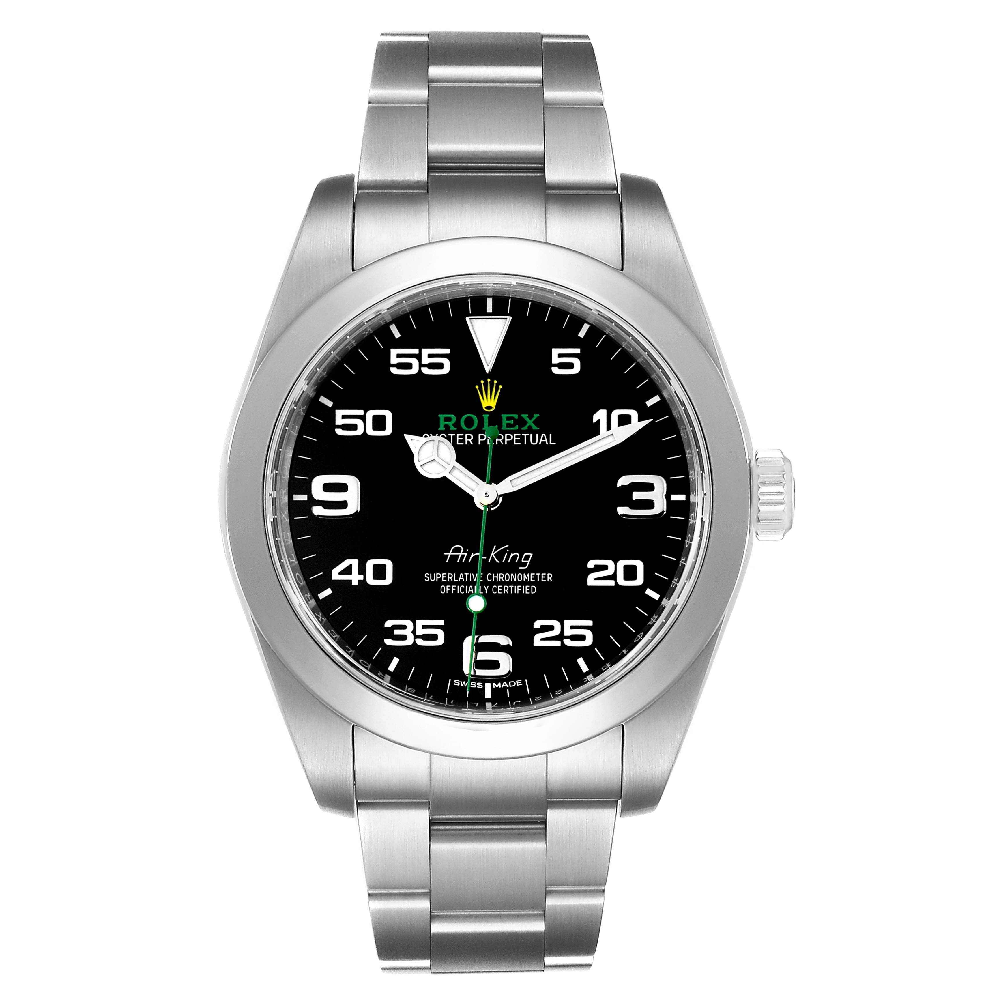 This image shows a front view of the Rolex Air-King 116900 Men's Stainless Steel Black Dial 116900 Men's Stainless Steel Black Dial watch, highlighting the black dial, green seconds hand, and stainless steel bracelet.