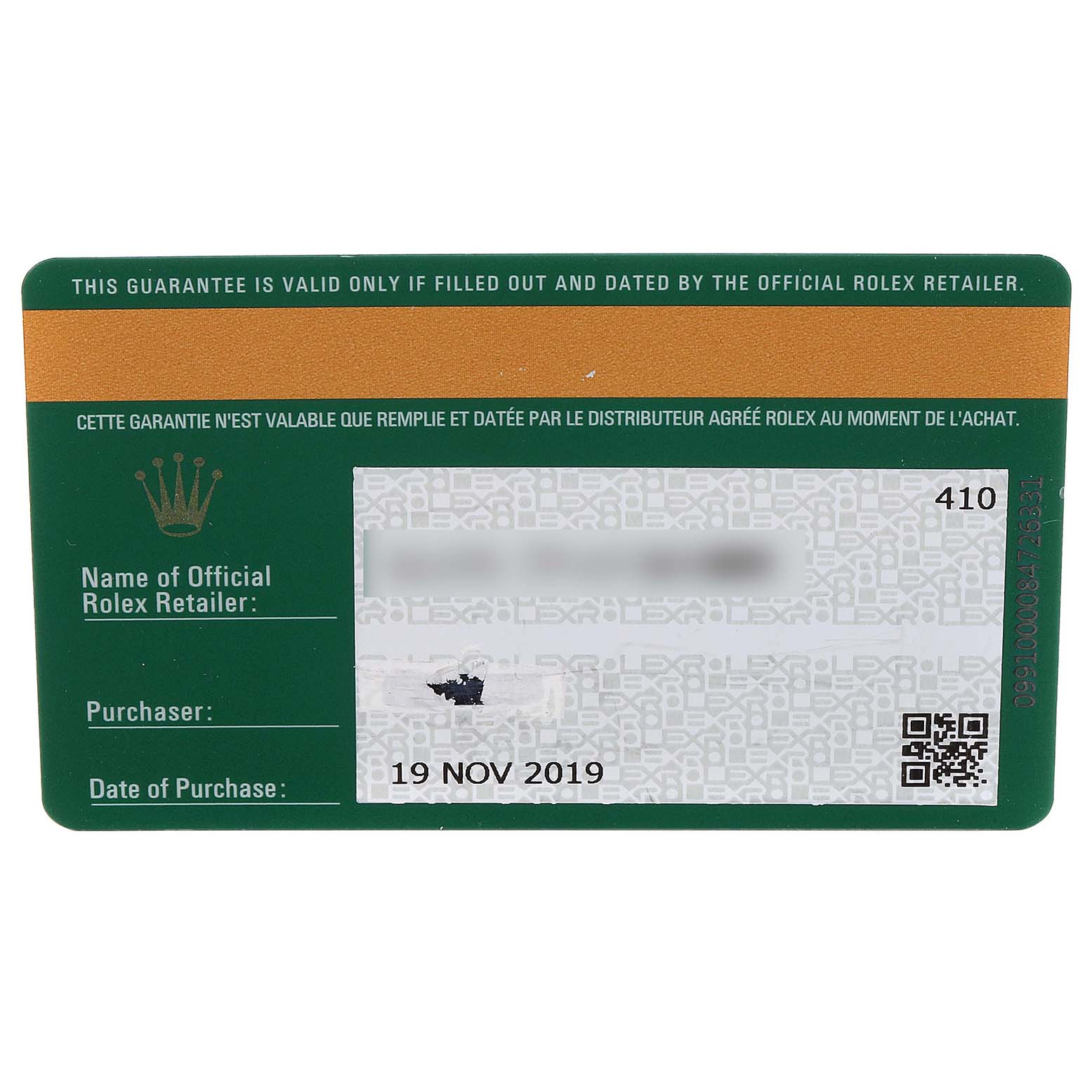 Image shows a warranty card for a Rolex Air-King 116900 Men's Stainless Steel Black Dial 116900 Men's Stainless Steel Black Dial watch, detailing the retailer's name, purchaser, and purchase date.