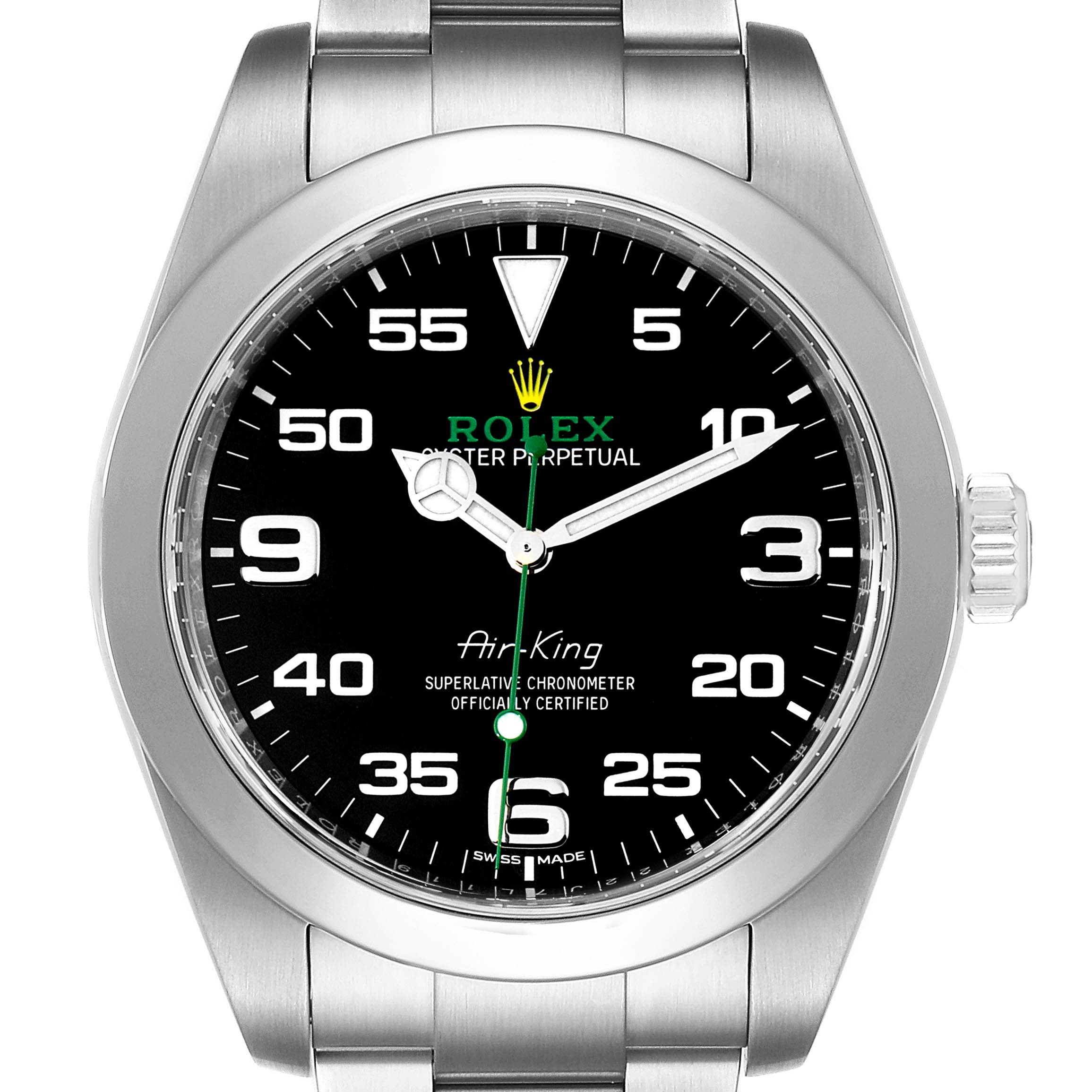 The image shows a front view of a Rolex Air-King 116900 Men's Stainless Steel Black Dial 116900 Men's Stainless Steel Black Dial watch, highlighting its black dial, silver case, and bracelet.