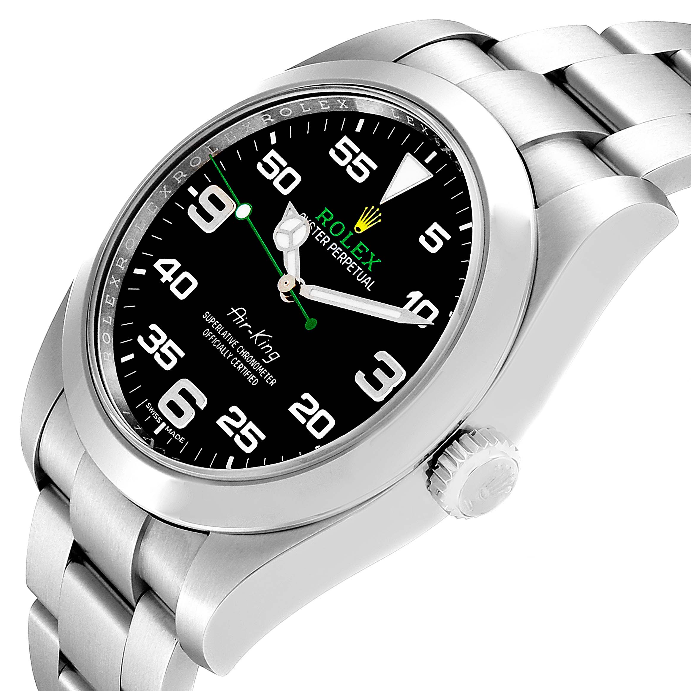 The Rolex Air-King 116900 Men's Stainless Steel Black Dial 116900 Men's Stainless Steel Black Dial watch is shown at a slight angle, highlighting the face, crown, and bracelet.