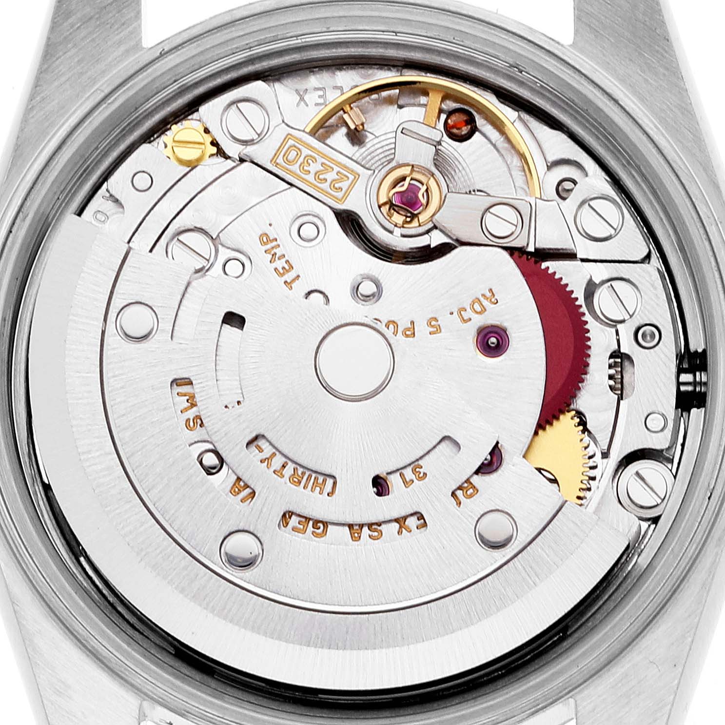 The image shows the back view of the Rolex Oyster Perpetual 76030 Women
s Stainless Steel Pink Dial 76030 Women
s Stainless Steel Pink Dial, highlighting its intricate mechanical movement.