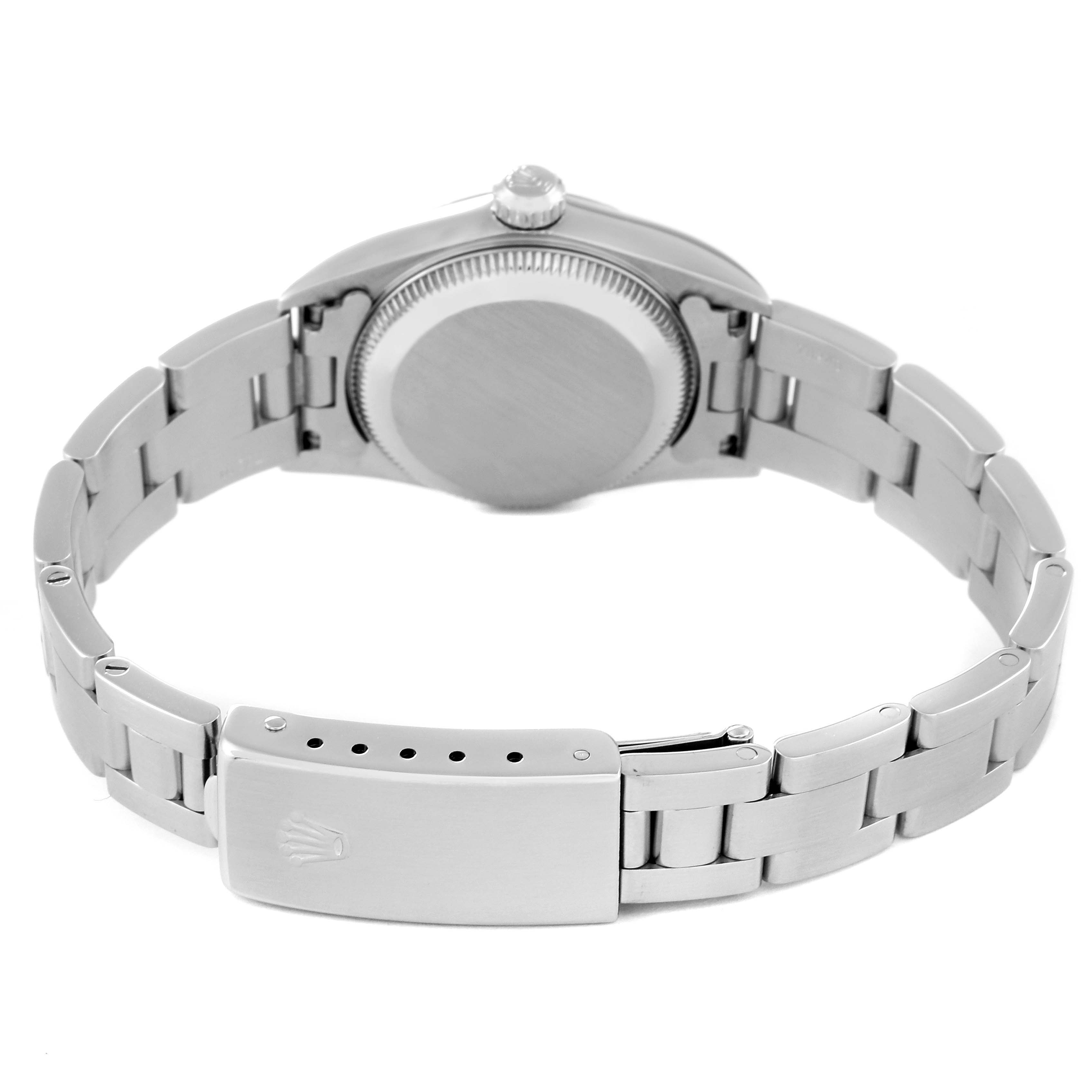 This image shows the back and bracelet of the Rolex Oyster Perpetual 76030 Women
s Stainless Steel Pink Dial 76030 Women
s Stainless Steel Pink Dial watch, highlighting the clasp and case back.