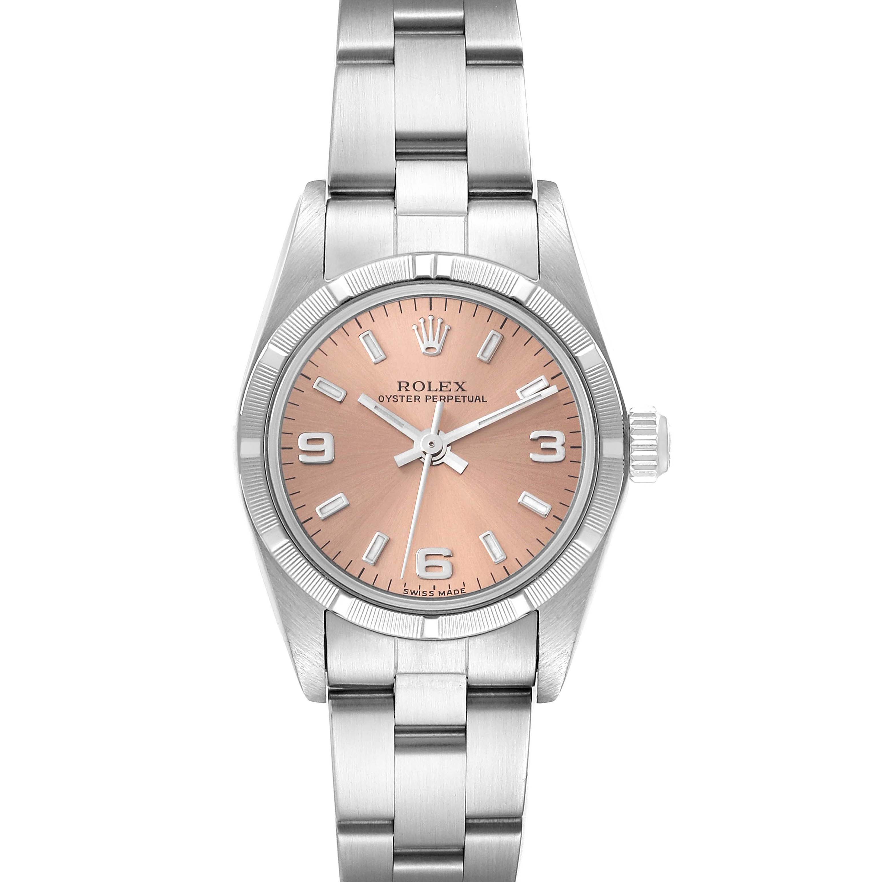 This image shows a frontal view of a Rolex Oyster Perpetual 76030 Women
s Stainless Steel Pink Dial 76030 Women
s Stainless Steel Pink Dial watch, displaying the face, bezel, crown, and bracelet.