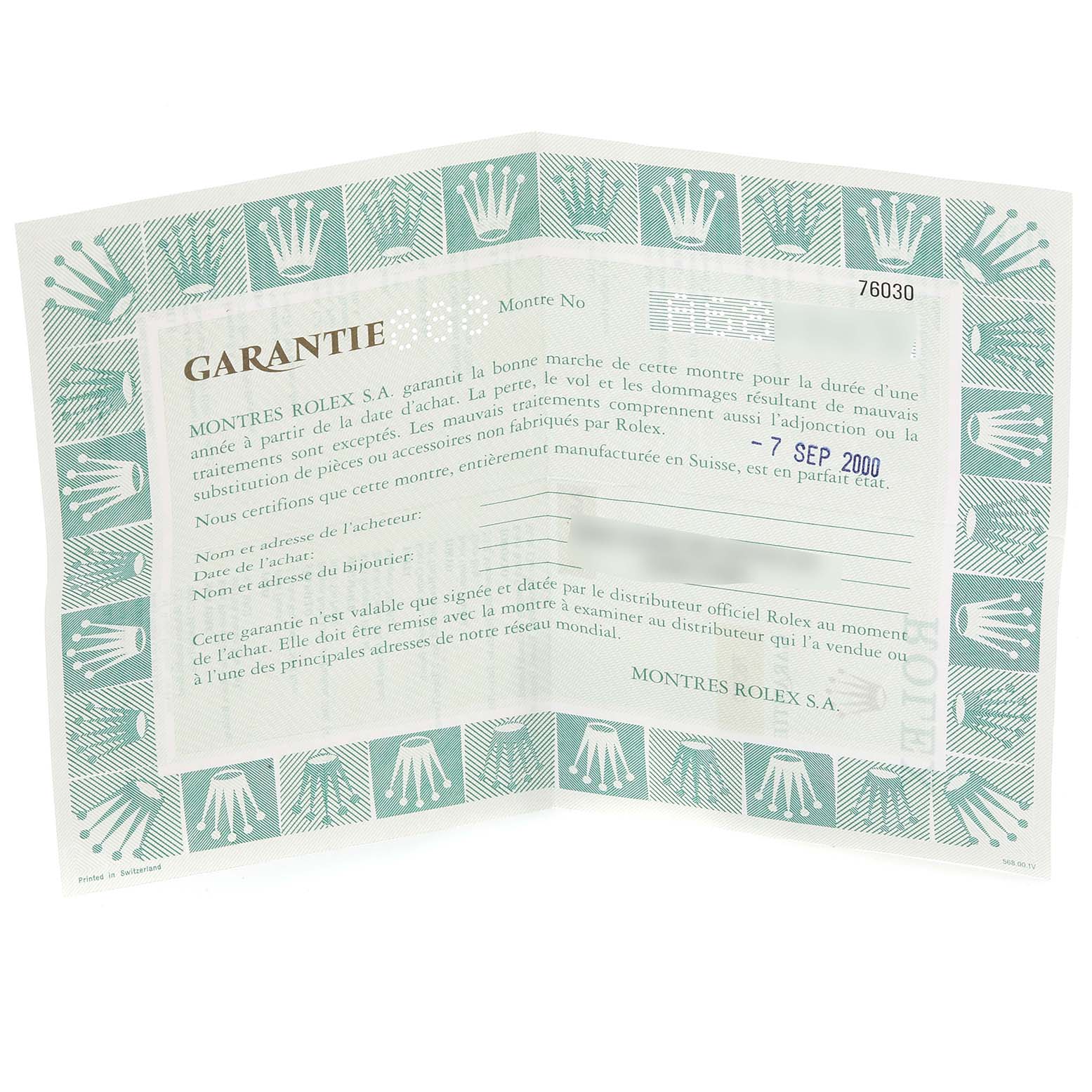 The image shows the warranty certificate for a Rolex Oyster Perpetual 76030 Women
s Stainless Steel Pink Dial 76030 Women
s Stainless Steel Pink Dial watch from a front angle, detailing the guarantee terms.