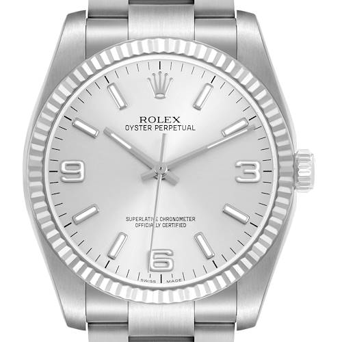 The Rolex Oyster Perpetual 116034 Men's Stainless Steel Silver Dial watch is shown from a frontal angle, highlighting the dial, bezel, and part of the bracelet.