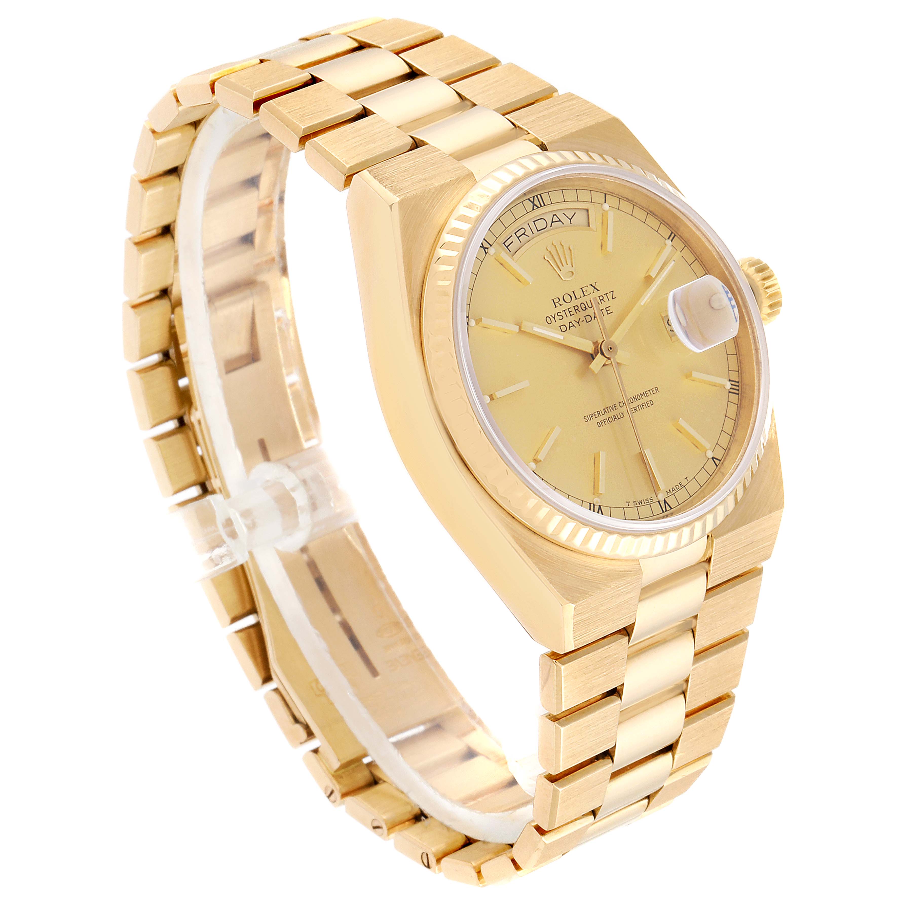 This Rolex Oysterquartz 19018 Men's Yellow Gold Champagne Dial 19018 Men's Yellow Gold Champagne Dial watch is shown at a front-side angle, highlighting its gold case, bracelet, dial, and date feature.