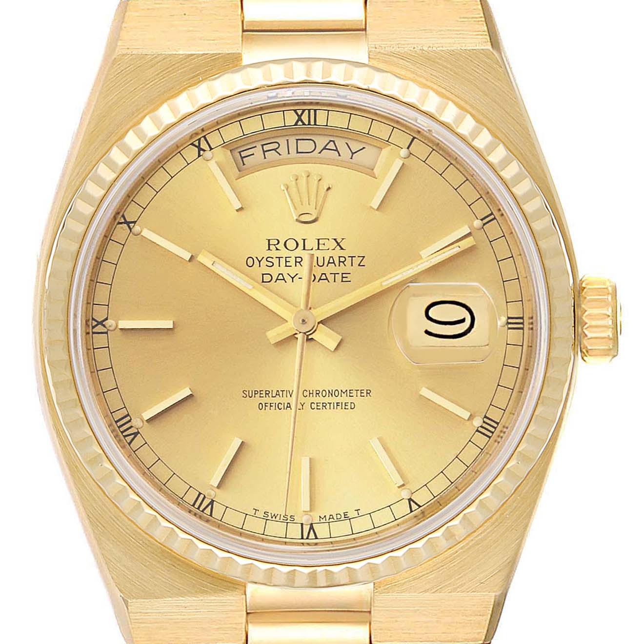 The image shows a frontal view of a Rolex Oysterquartz 19018 Men's Yellow Gold Champagne Dial 19018 Men's Yellow Gold Champagne Dial watch, displaying the dial, hands, day-date window, and crown.