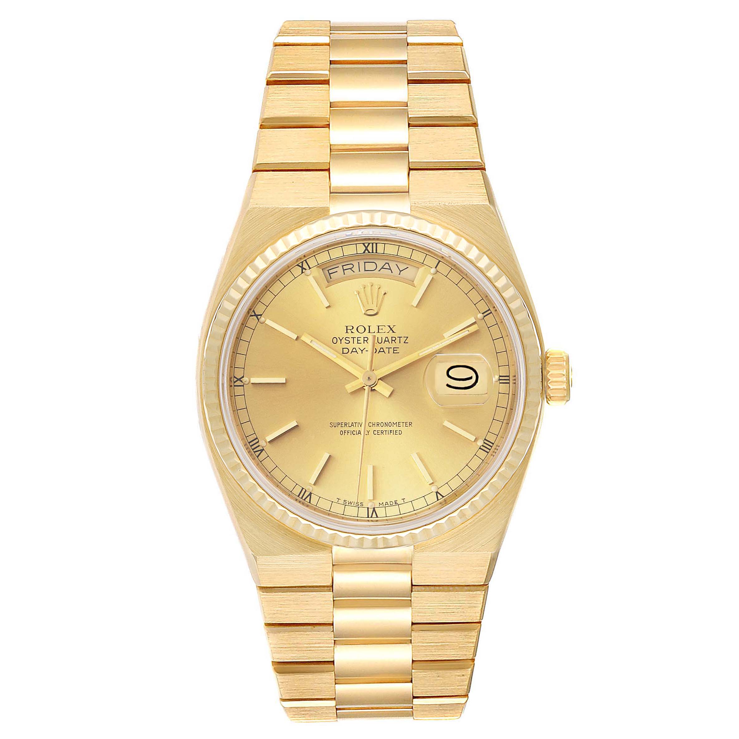 The Rolex Oysterquartz 19018 Men's Yellow Gold Champagne Dial 19018 Men's Yellow Gold Champagne Dial watch is shown from a front angle displaying its gold bracelet, dial, day and date indicators.