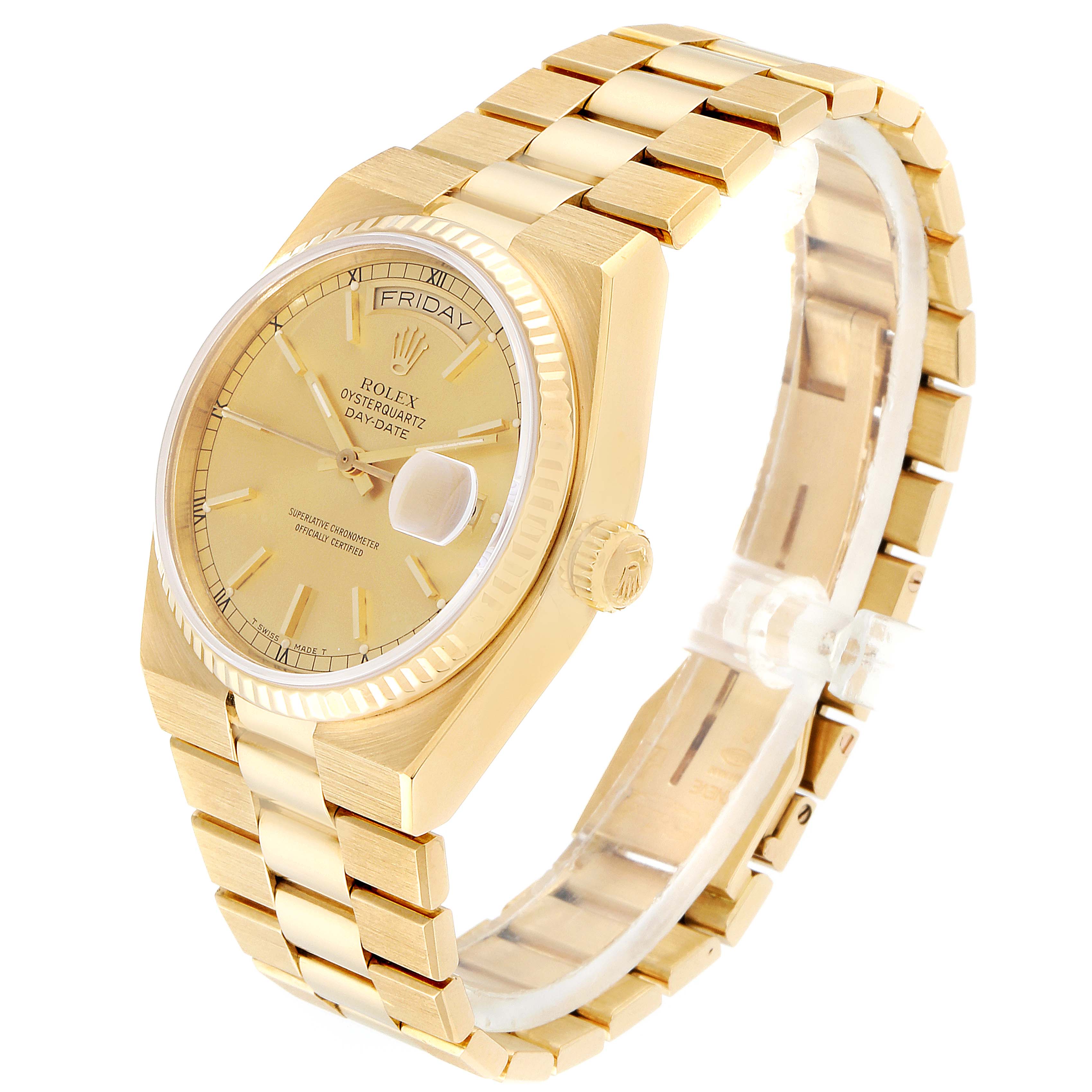 The image shows a Rolex Oysterquartz 19018 Men's Yellow Gold Champagne Dial 19018 Men's Yellow Gold Champagne Dial watch at an angled side view, displaying its gold link bracelet, dial, and crown.