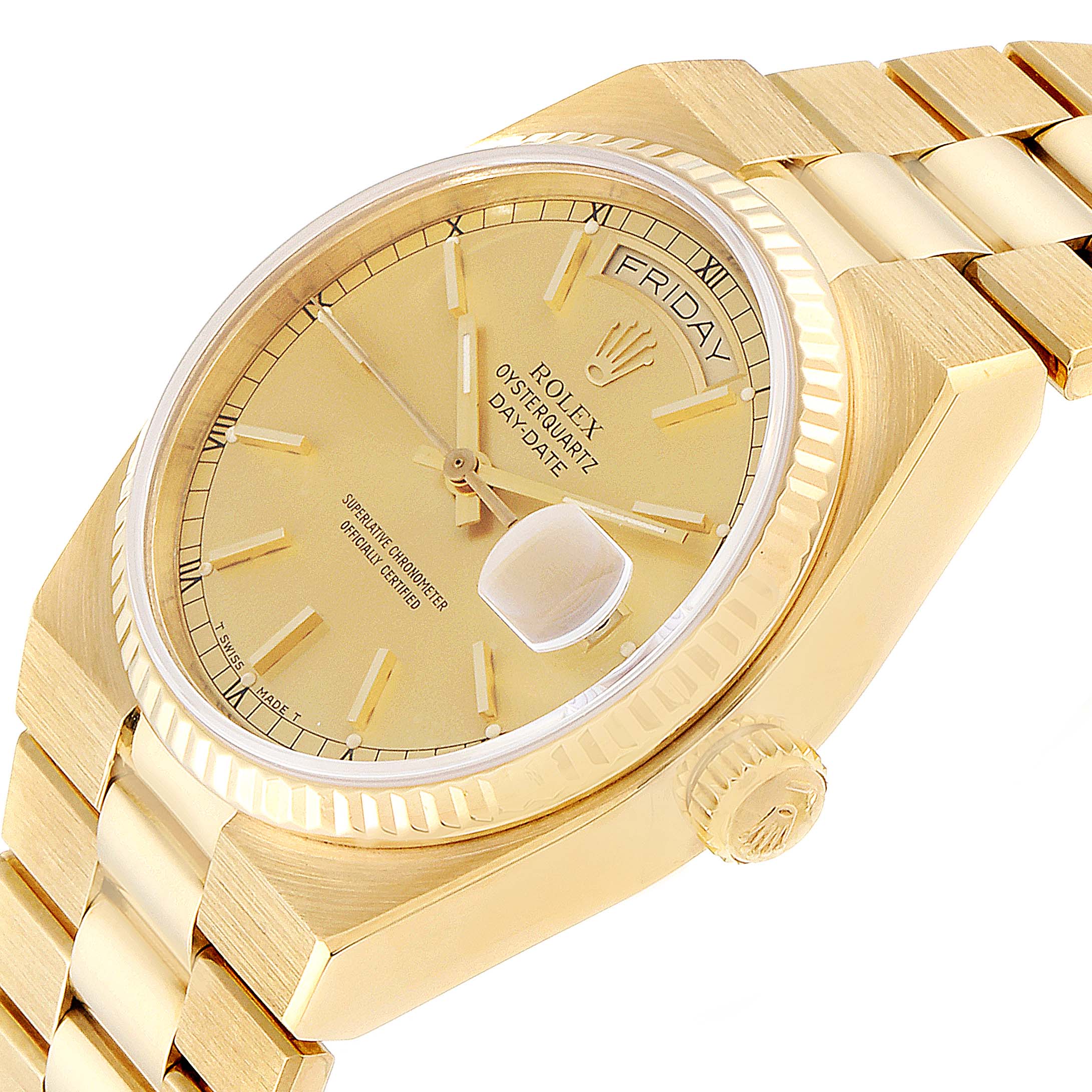 The image shows a Rolex Oysterquartz 19018 Men's Yellow Gold Champagne Dial 19018 Men's Yellow Gold Champagne Dial watch at an oblique angle, highlighting the dial, crown, bezel, and part of the bracelet.