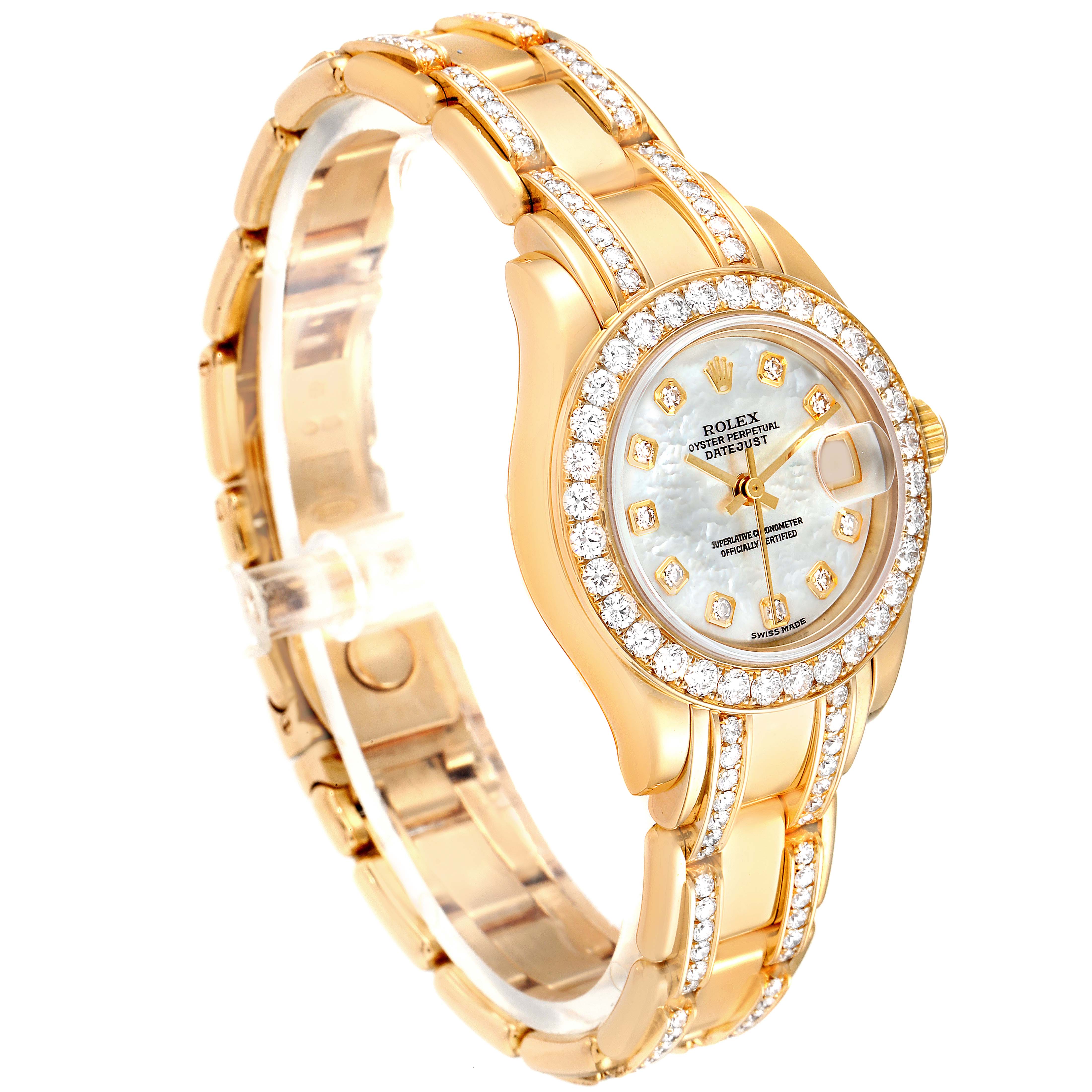 The Rolex Pearlmaster 80298 Women's Yellow Gold Mother of Pearl Dial 80298 Women's Yellow Gold Mother of Pearl Dial watch is shown at an angle, highlighting its gold band, diamond-encrusted bezel, and face with diamond hour markers.