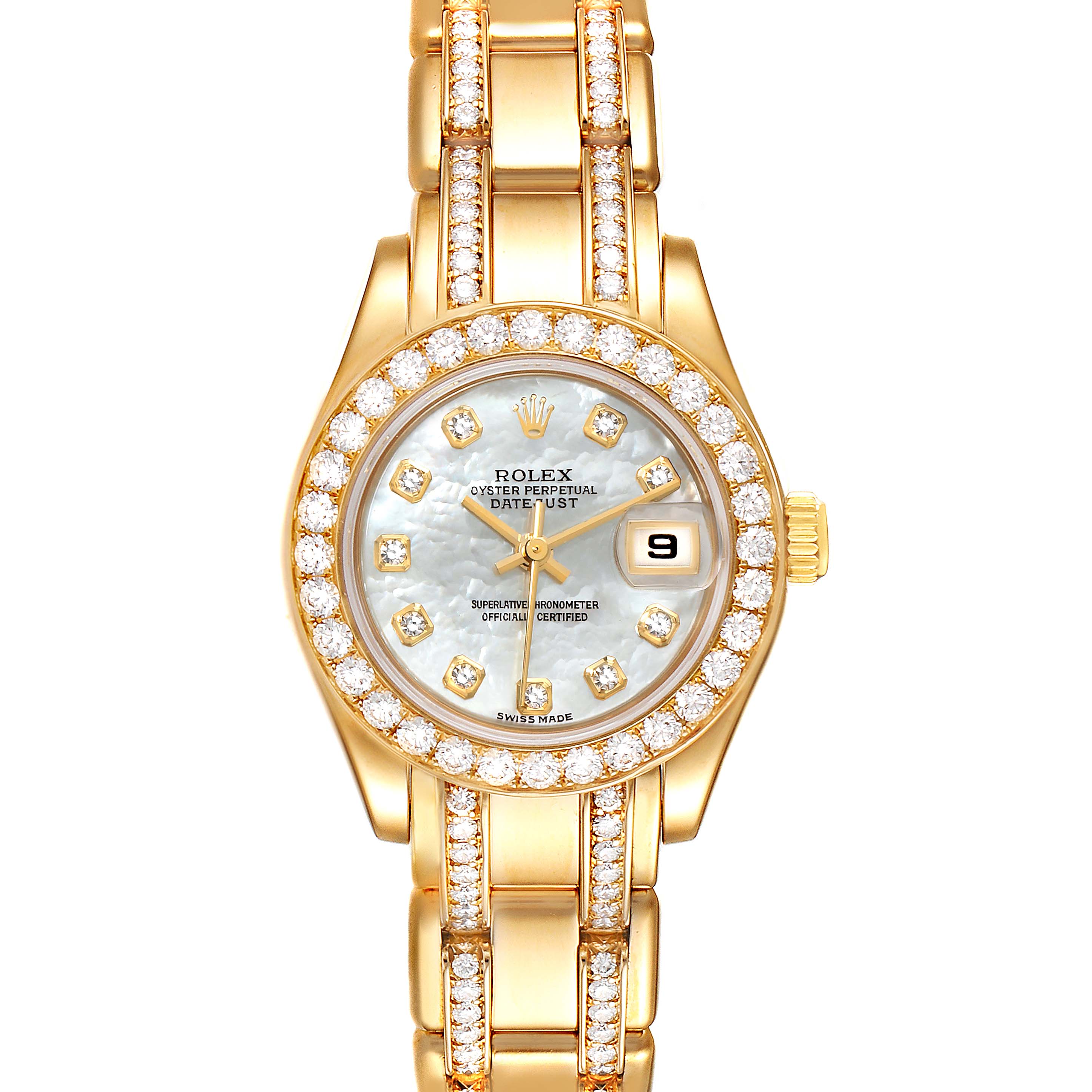 The image shows a front view of the Rolex Pearlmaster 80298 Women's Yellow Gold Mother of Pearl Dial 80298 Women's Yellow Gold Mother of Pearl Dial watch, highlighting its gold bracelet, diamond-set bezel, and mother-of-pearl dial.