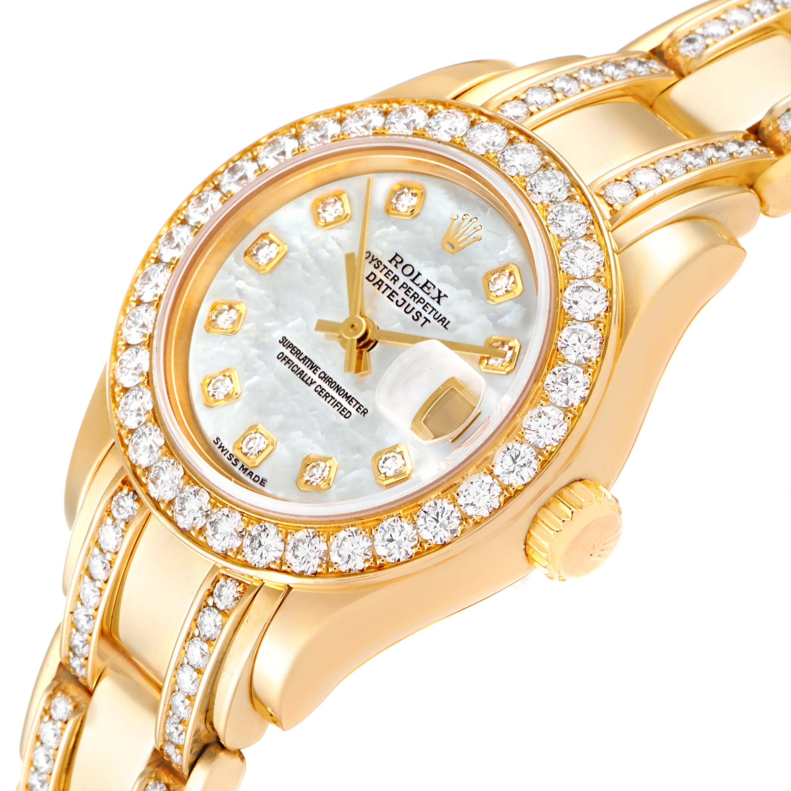 The image shows a close-up view of the Rolex Pearlmaster 80298 Women's Yellow Gold Mother of Pearl Dial 80298 Women's Yellow Gold Mother of Pearl Dial watch, highlighting its diamond-encrusted bezel, face, and part of the bracelet.