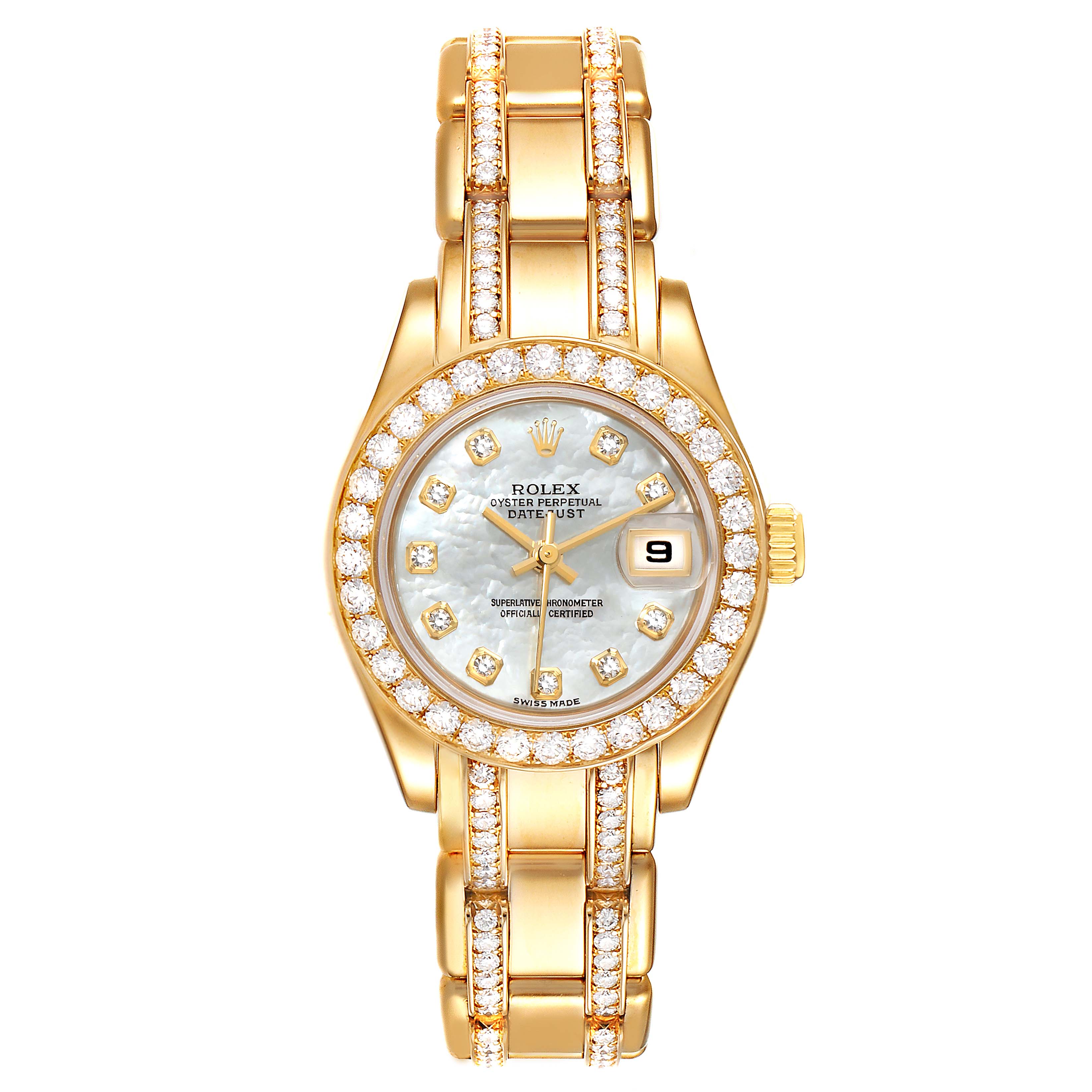 The image shows a front view of a Rolex Pearlmaster 80298 Women's Yellow Gold Mother of Pearl Dial 80298 Women's Yellow Gold Mother of Pearl Dial watch, highlighting its gold body, diamond bezel, and bracelet.