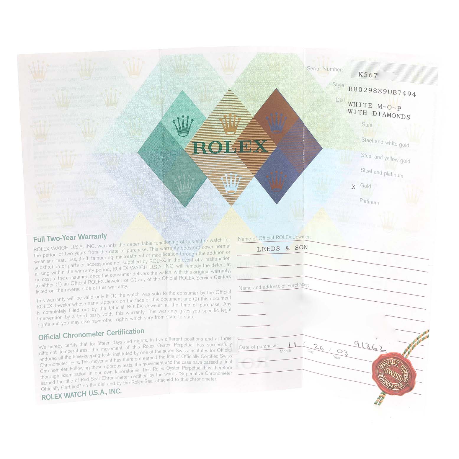 This image shows an official Rolex certificate for the Pearlmaster model, displaying warranty, serial number, and purchase details.