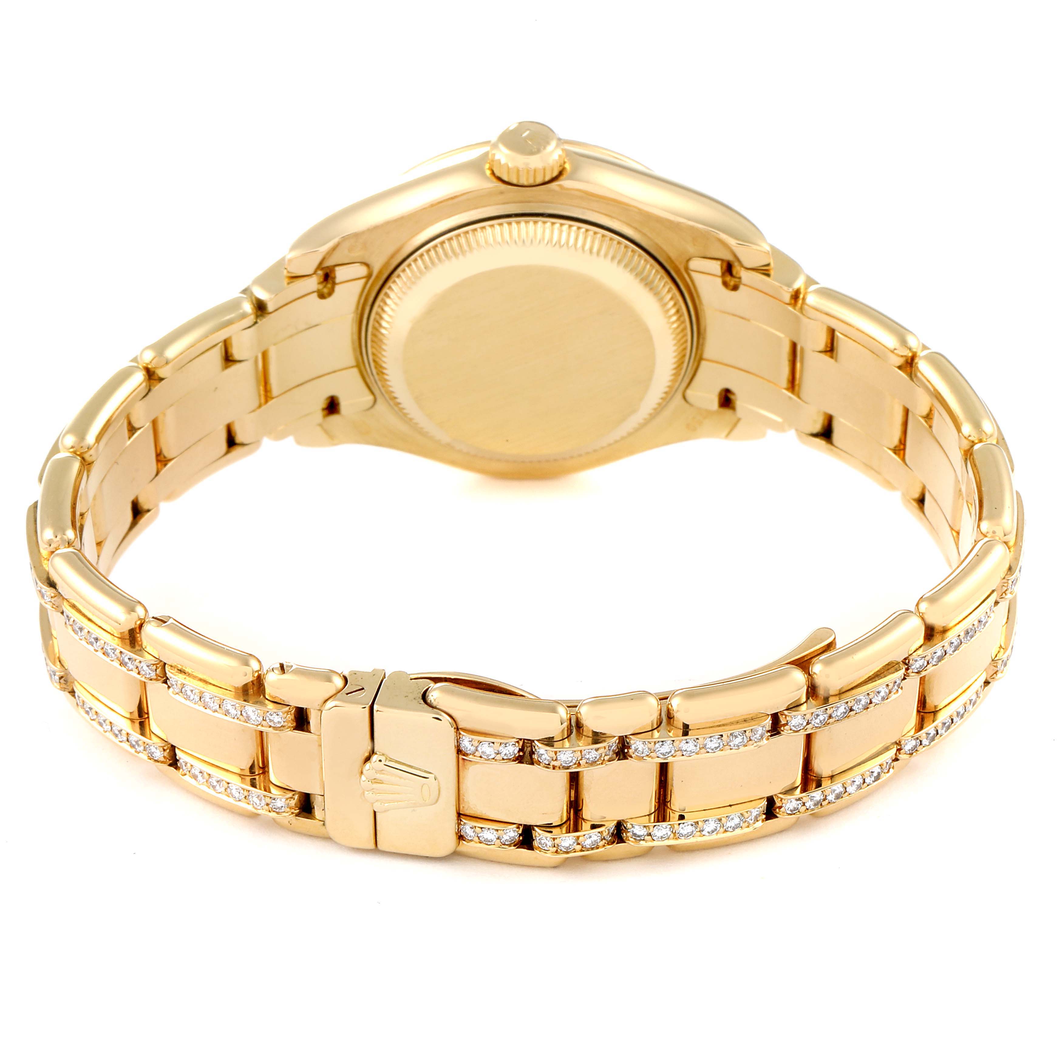 This image shows the backside and bracelet of a Rolex Pearlmaster 80298 Women's Yellow Gold Mother of Pearl Dial 80298 Women's Yellow Gold Mother of Pearl Dial, highlighting the clasp and links adorned with diamonds.